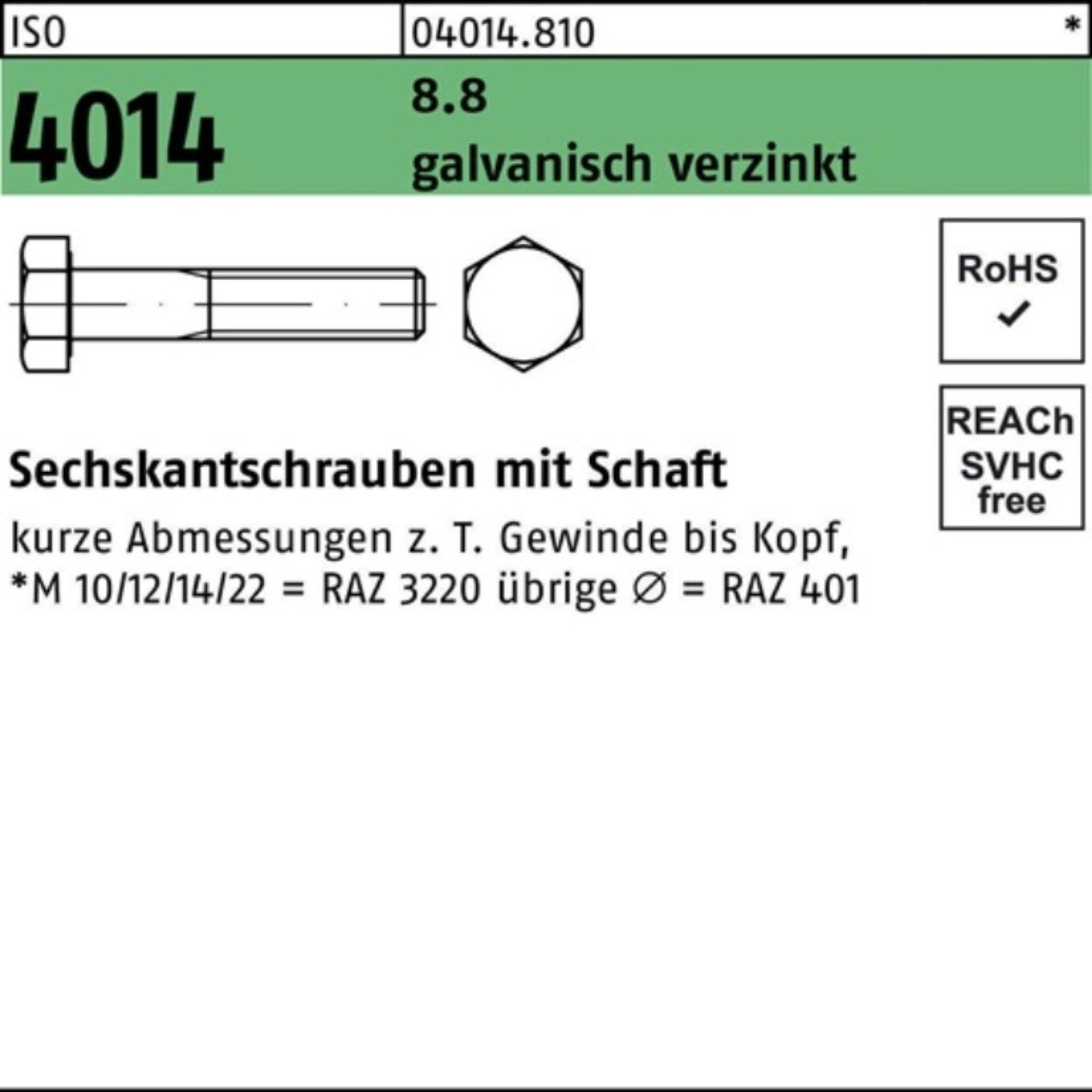 Bufab Sechskantschraube 100er Pack Sechskantschraube ISO 4014 Schaft M8x 160 8.8 galv.verz. 10