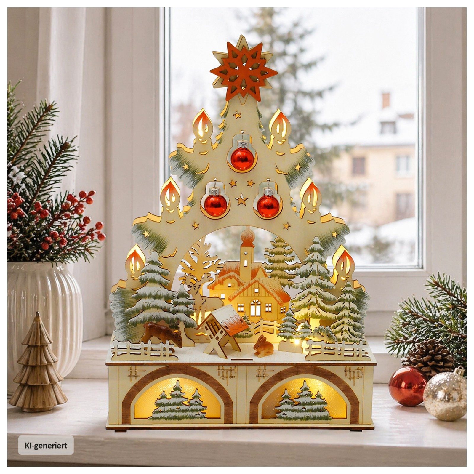 HTI-Living Schwibbogen LED Schwibbogen Weihnachtsbaum mit Kugeln und Kirche (1-tlg), Lichterspitze aus Holz, batteriebetrieben