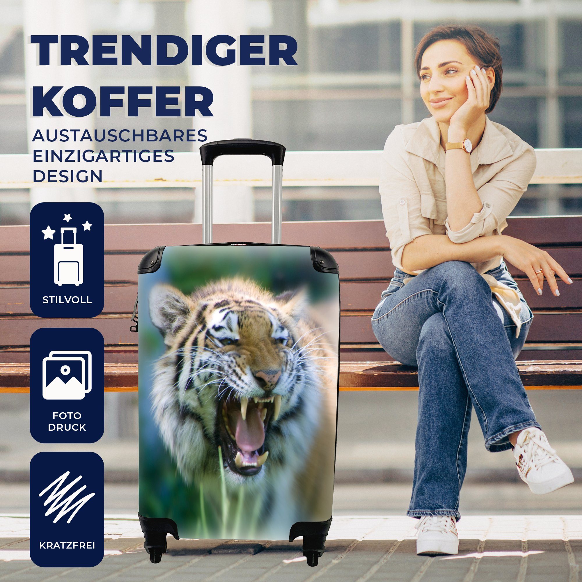 4 Ferien, Handgepäck Handgepäckkoffer Reisetasche - - mit Rollen, Trolley, Kopf, rollen, Tiger Dschungel MuchoWow für Reisekoffer