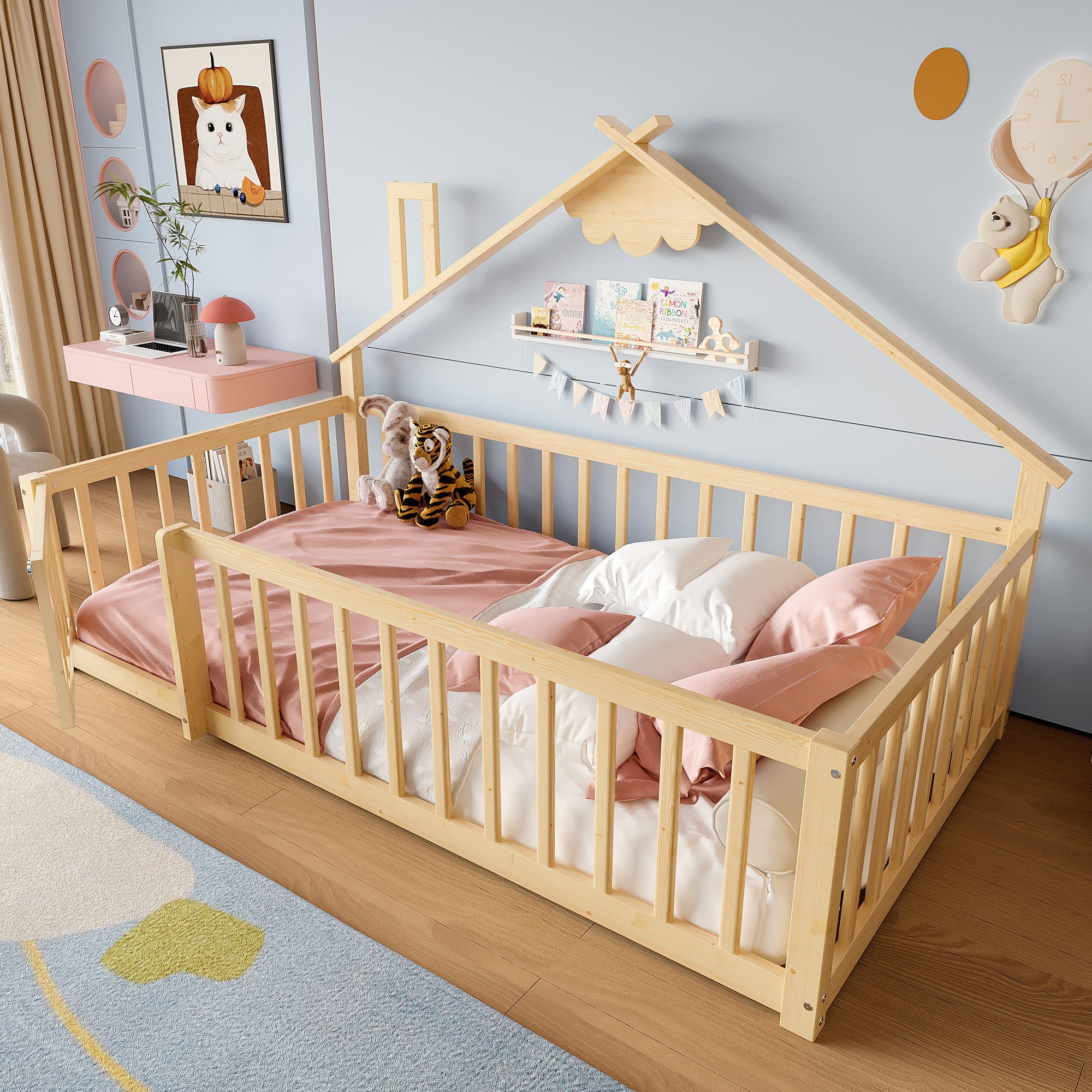 Flieks Kinderbett, Bodenbett Holzbett Hausbett 90x190cm günstig online kaufen