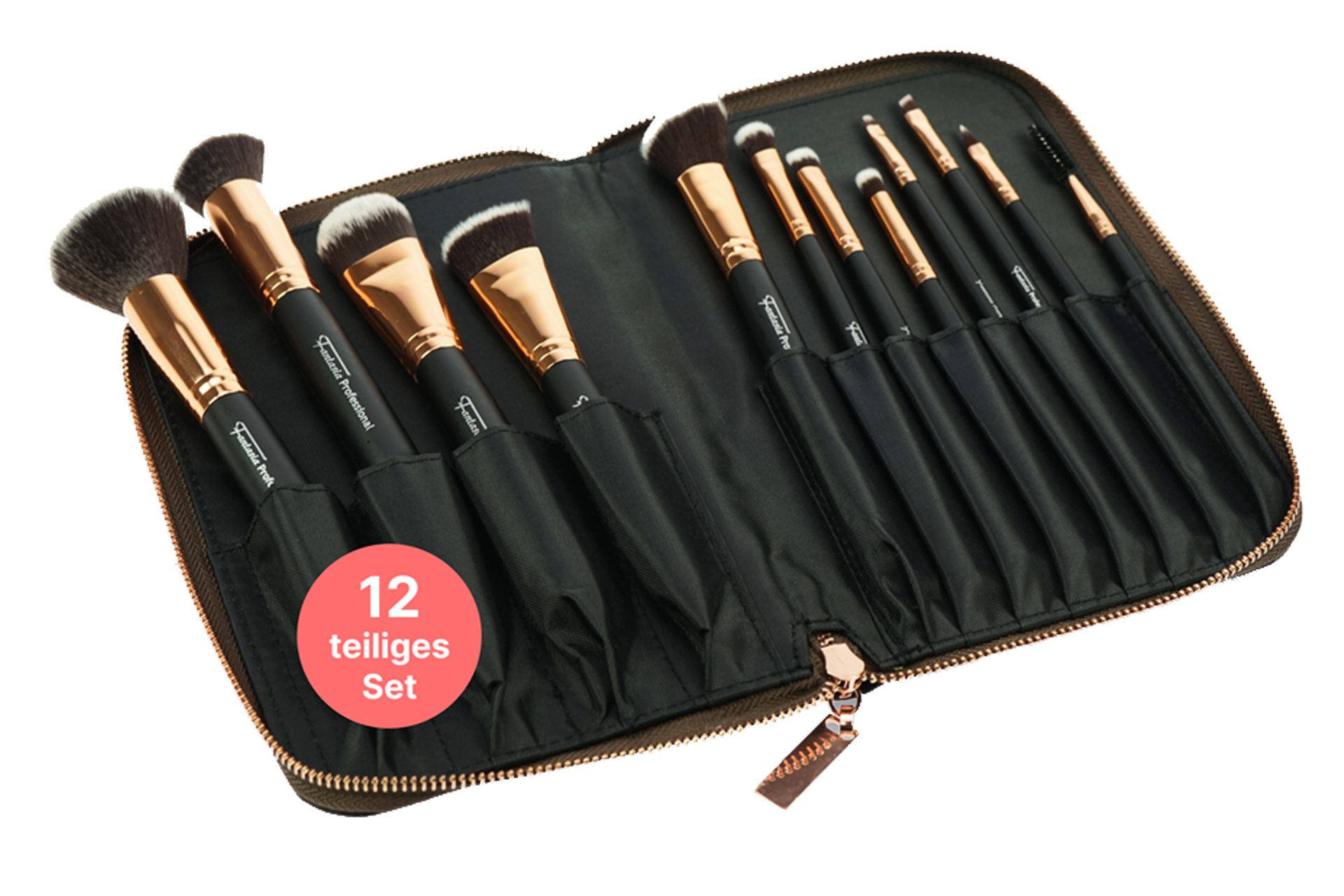 Kosmetikpinsel-Set Pinsel-Set 12-tlg. mit Synthetic Haar, Schwarz-Kupfer in Tasche
