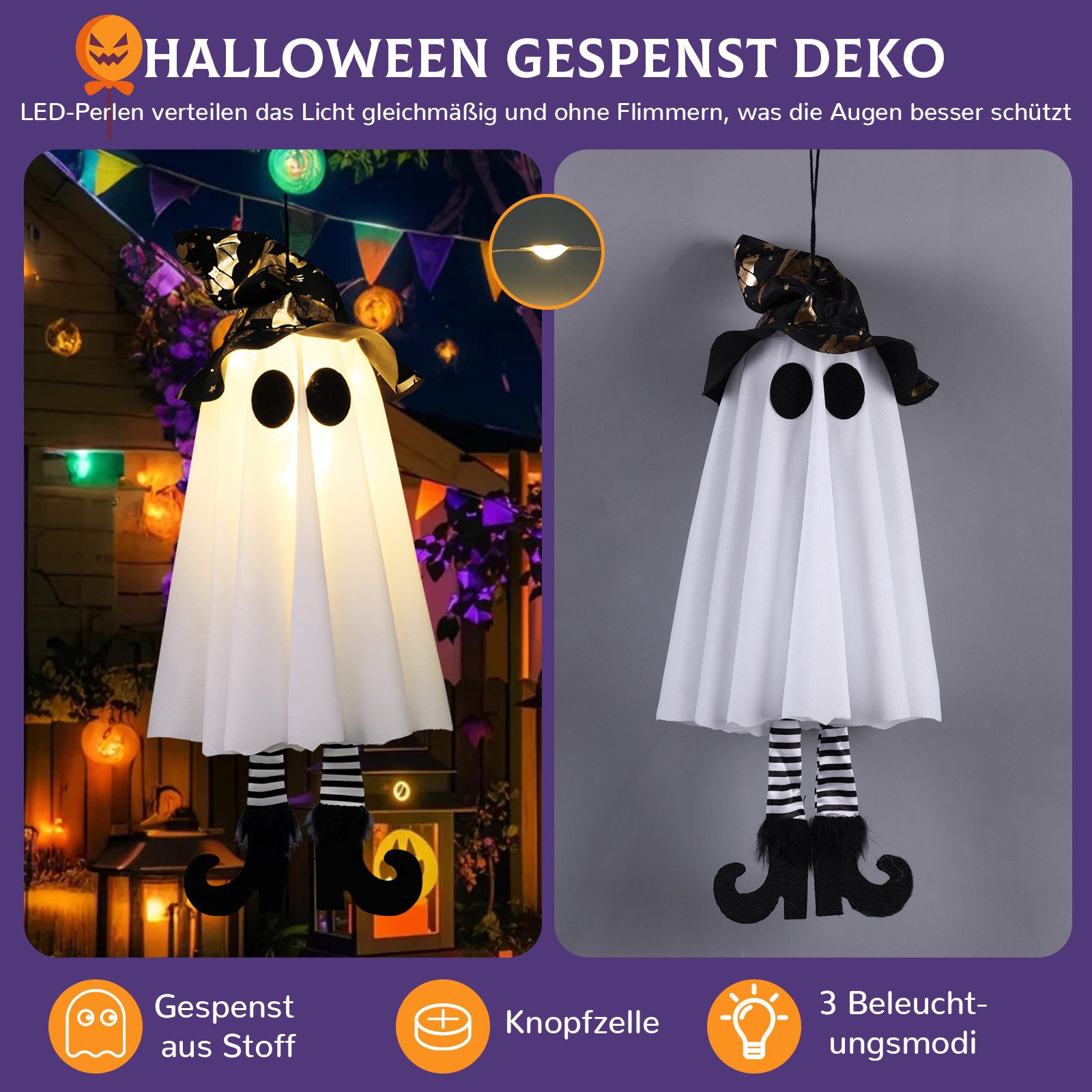 MUPOO Dekohänger Halloween Hängegeister Dekoration,LED-Lichterkette Geister (1 St), Batteriebetrieben,3 Blinkmodi,mit gestreiften Strümpfen,für Halloween