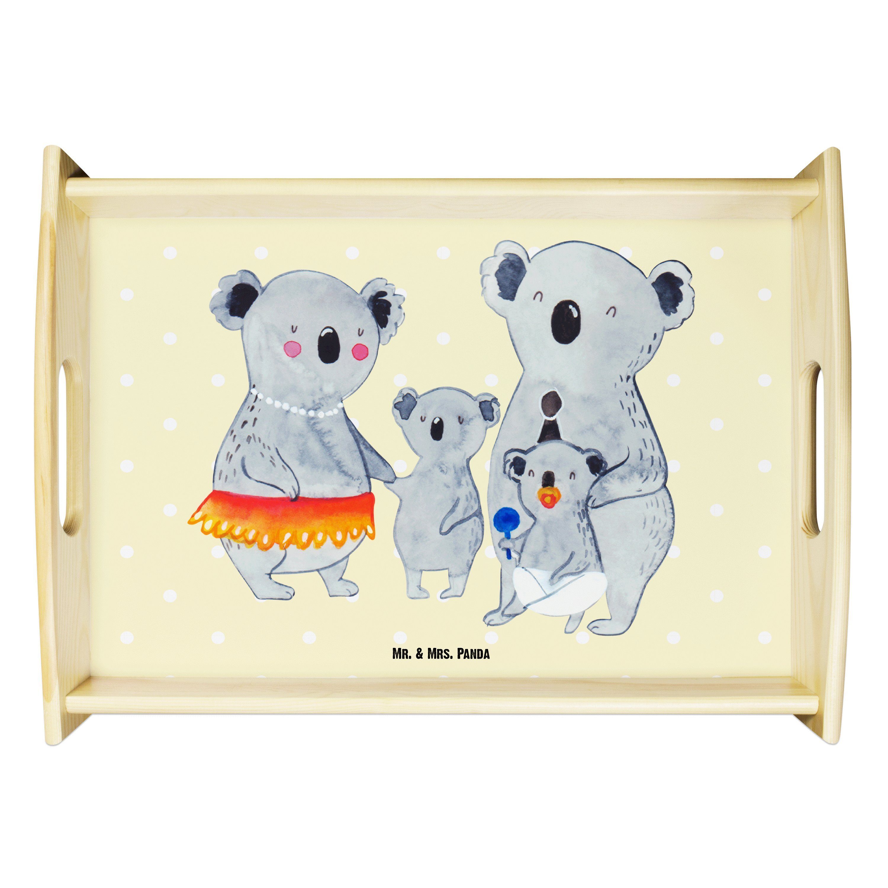 Tablett Mrs. Koala Geschenk, Holztablett, Pastell (1-tlg) Gelb Panda Koalas, Echtholz - lasiert, & Familie Mr. Bruder, -