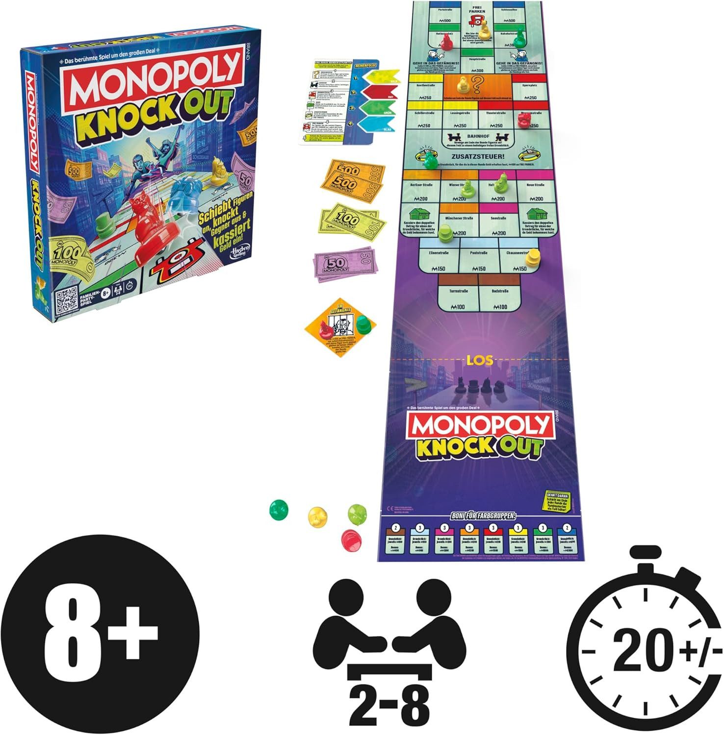 Hasbro Spiel Monopoly Knockout extra Harte Version bis zu 8 Spieler für Familien 8+, Monopoly Knockout