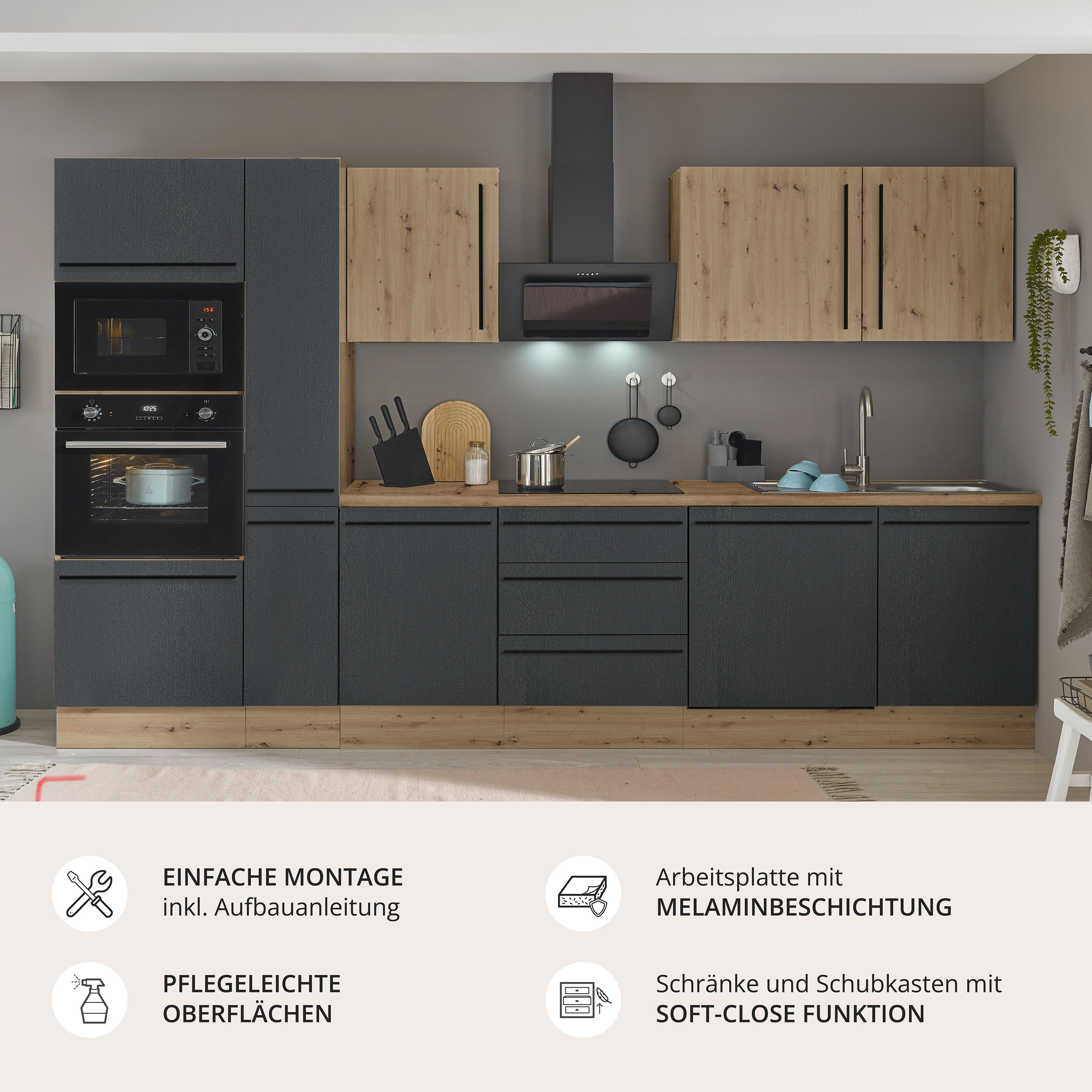 KOCHSTATION Küchenzeile Florida, Breite 310 cm, wahlweise mit E-Geräten,Softclose für Türen/Schubkästen