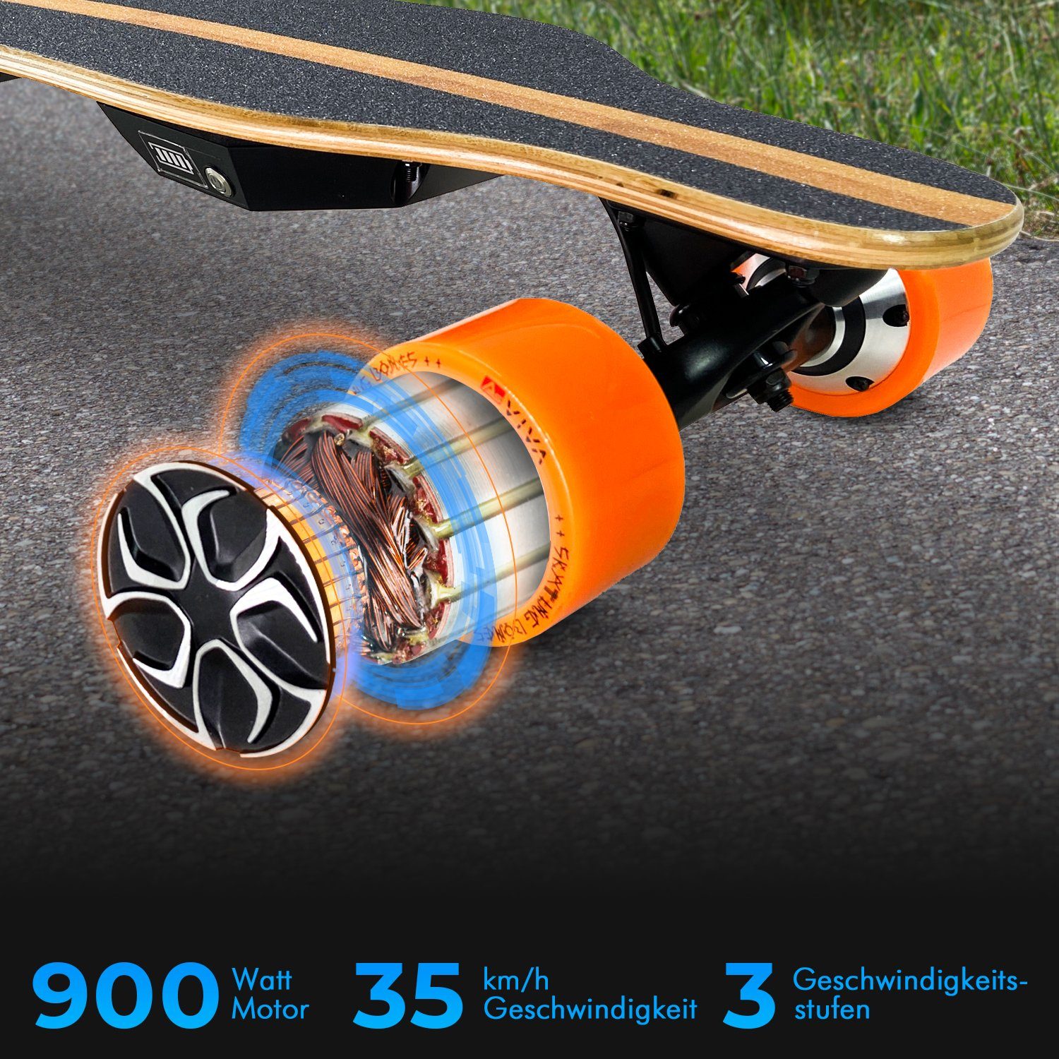 LB1 AsVIVA Longboard Skateboard, E-Longboard Funkfernbedienung bis 35 900W km/h, Elektro AsVIVA zu Doppelmotor, Elektro-Longboard,