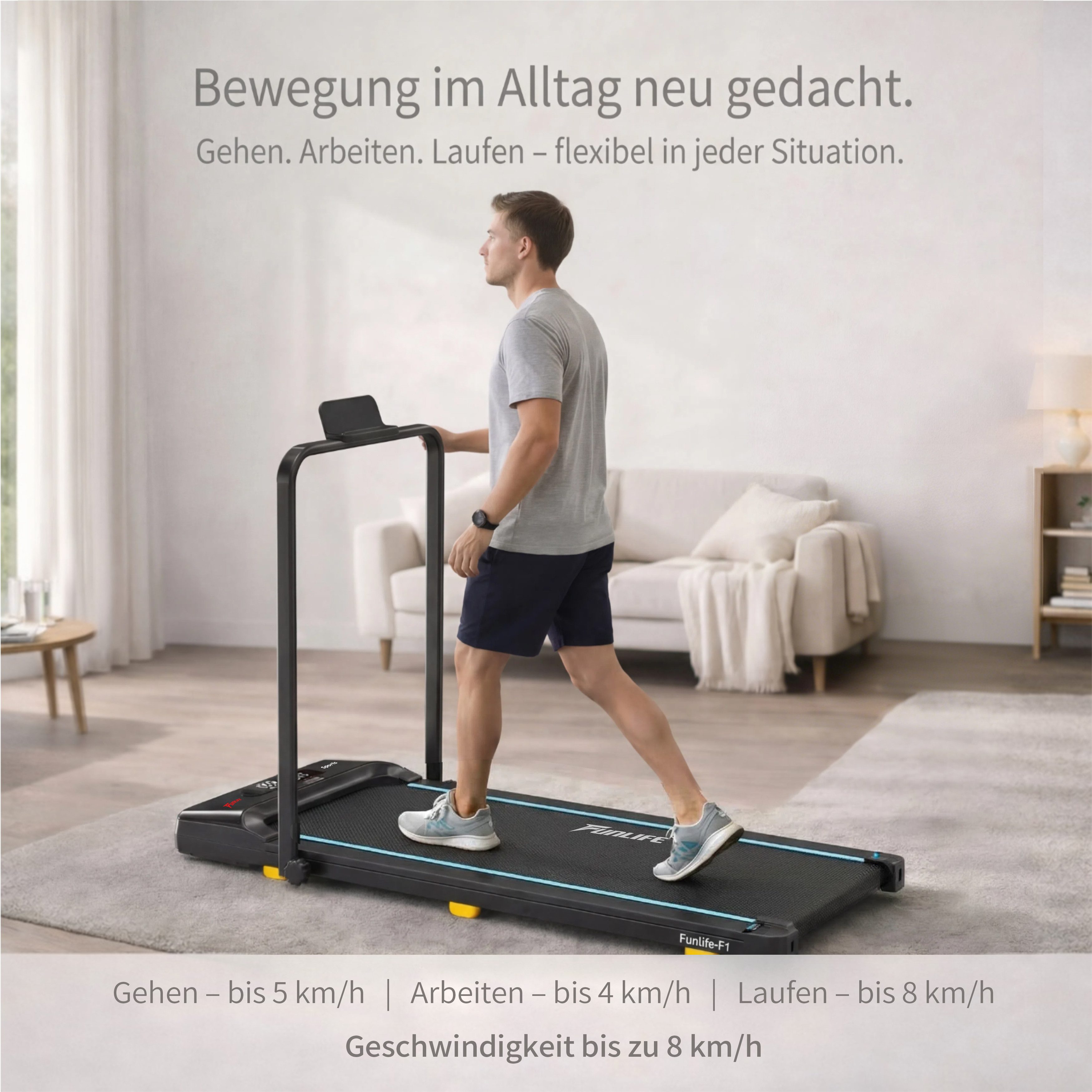 FunLife Laufband 3-in-1 Walking Pad mit Haltegriff (Einzelgerät, Homeoffice Walking Pad), 1–8 km/h, klappbar, Homeoffice geeignet