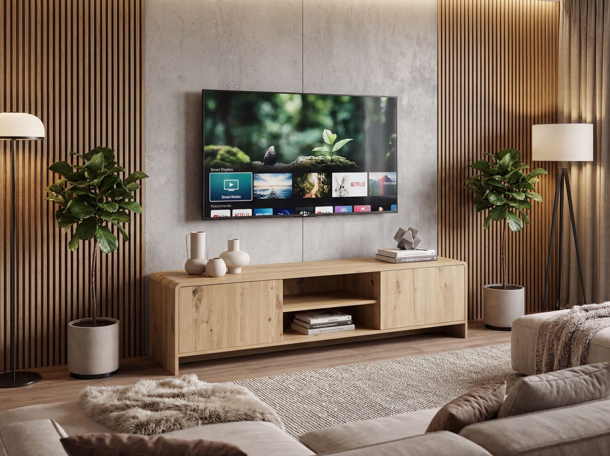 Wohnling Lowboard WL7.642 TV Board Fernsehschrank TV Kommode in Eiche Dekor 155cm (Praktisches Phonomöbel mit Kabeldurchlass), Viel Stauraum dank zwei nützlicher Türfächer
