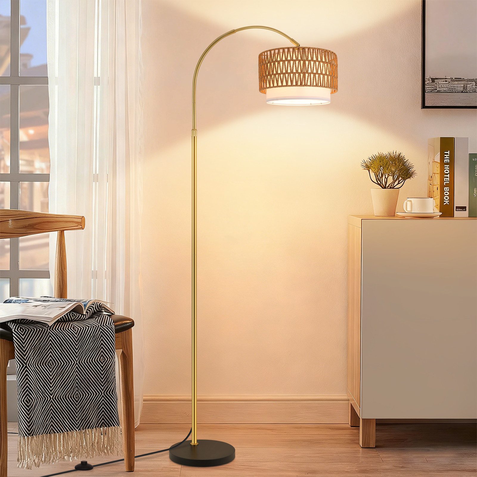 ZMH Stehlampe Bogenlampe 165–180 cm, Boho-Stehleuchte mit Rattan/Stoffschirm, E27, dimmbar 3000–6500 K, Fernbedienung, Fußschalter, inkl. 9-W-LED, LED wechselbar