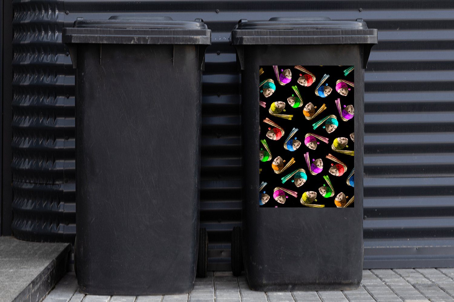 Perlenohrring Abfalbehälter Container, Mädchen mit Muster einem Mülltonne, St), - Mülleimer-aufkleber, Wandsticker MuchoWow Sticker, - (1 Regenbogen