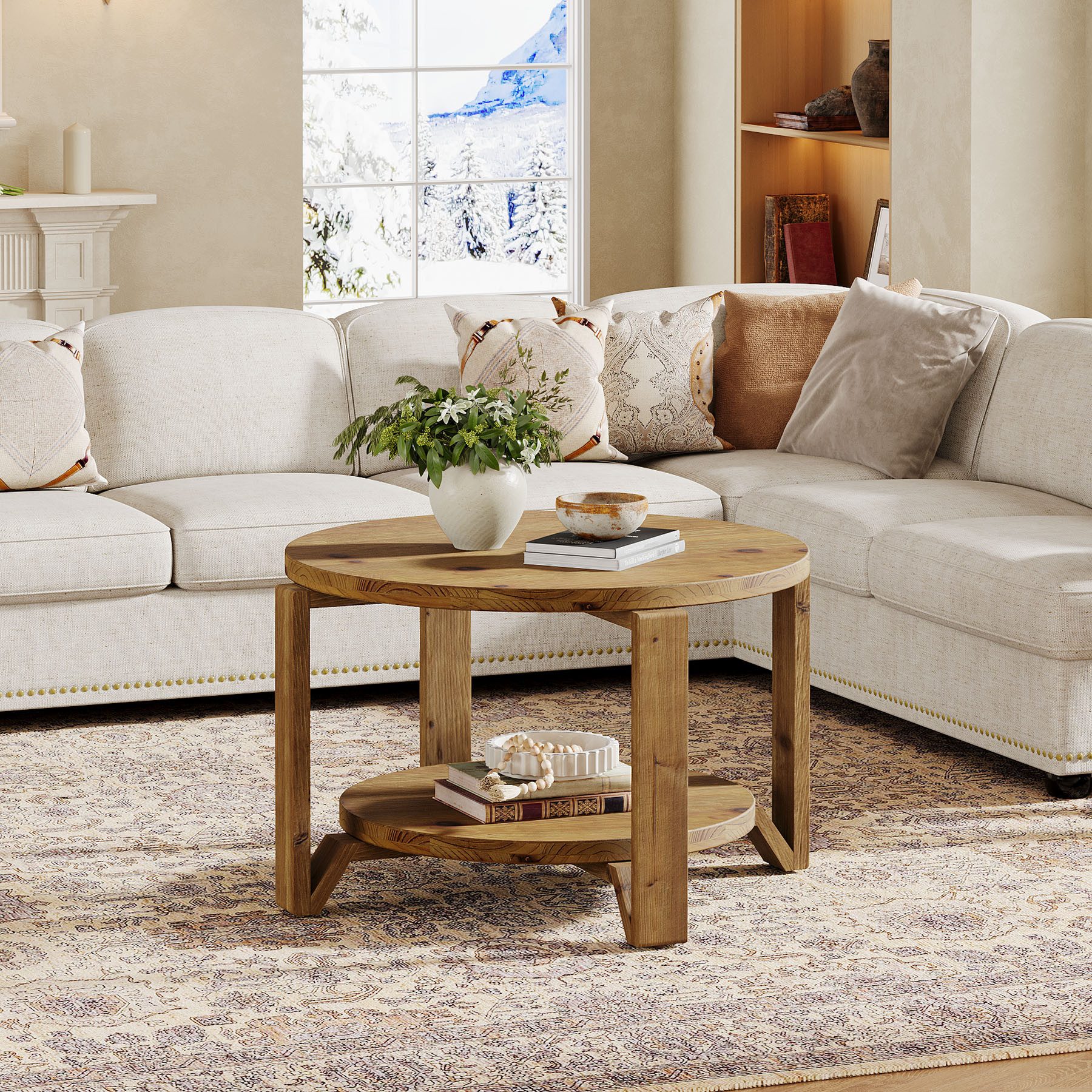 Tribesigns Couchtisch Massivholz Runder Couchtisch, 80 cm Wohnzimmertisch mit Ablageflächen – Bild 5 von 5