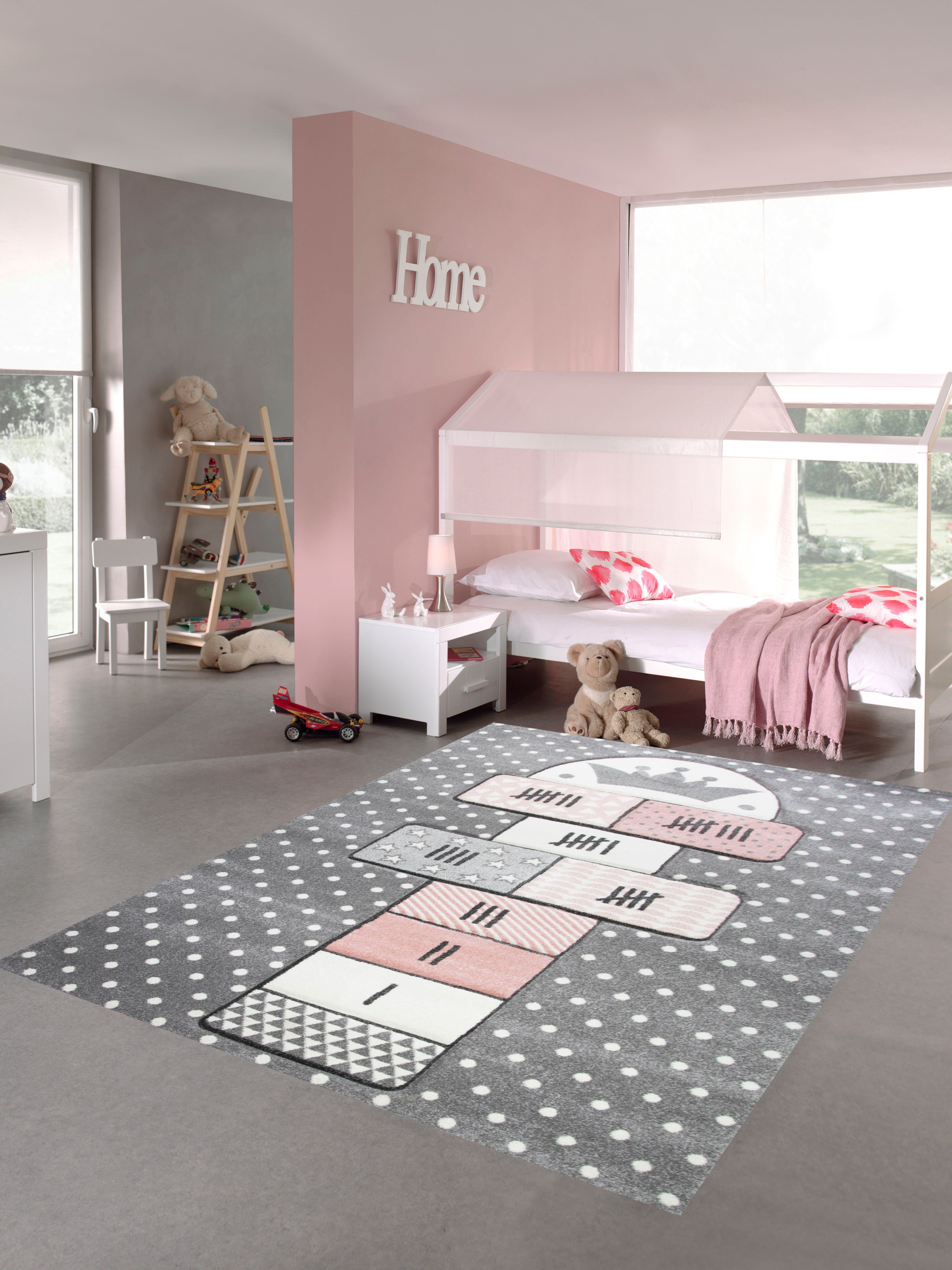 Kinderteppich Kinderteppich Hüpfspiel Teppich Hüpfkästchen in Grau Rosa Creme, Teppich-Traum, rechteckig, Höhe: 13 mm