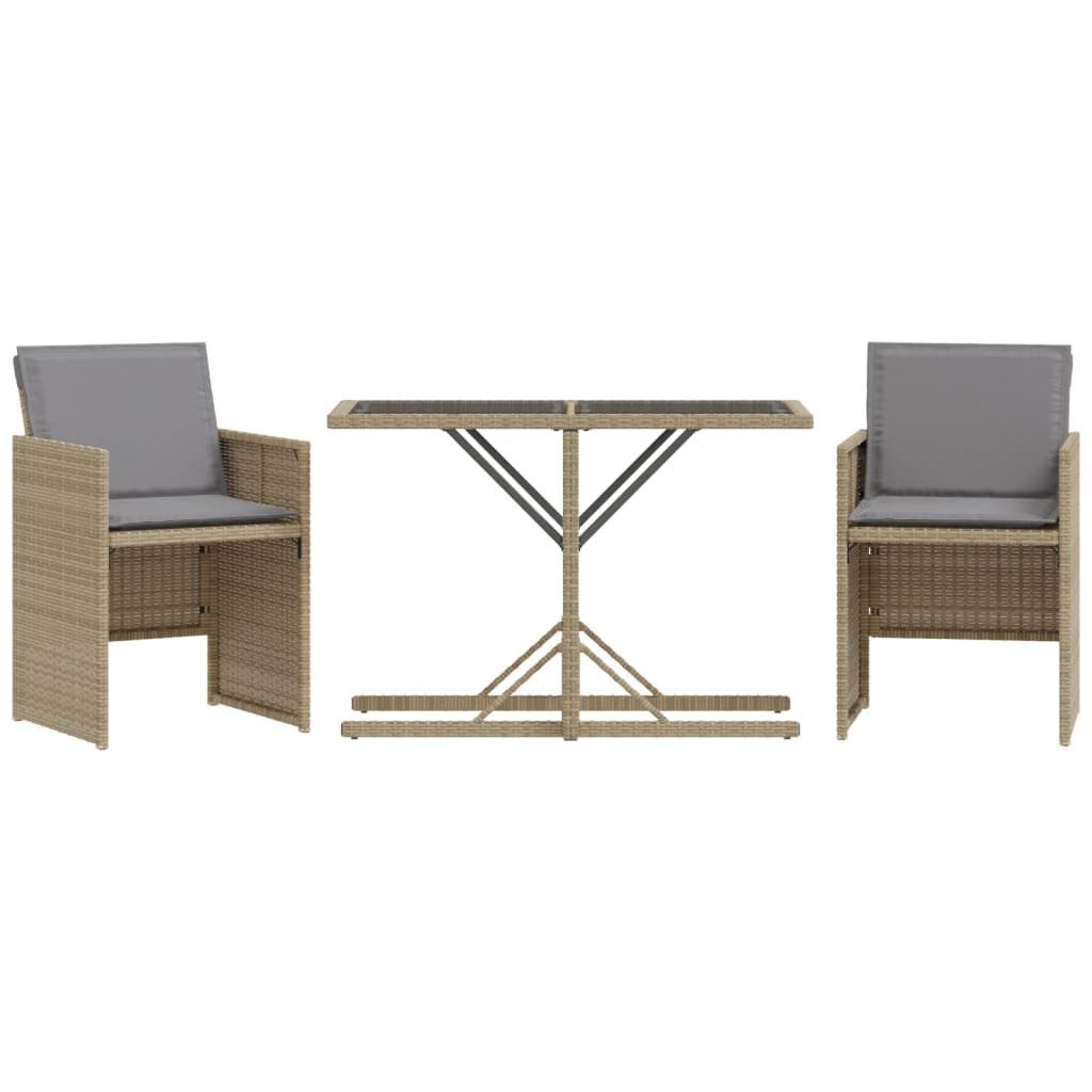 vidaXL Gartenlounge-Set 3-tlg. Bistro-Set mit Kissen Beigemischung Poly Rattan, (1-tlg)