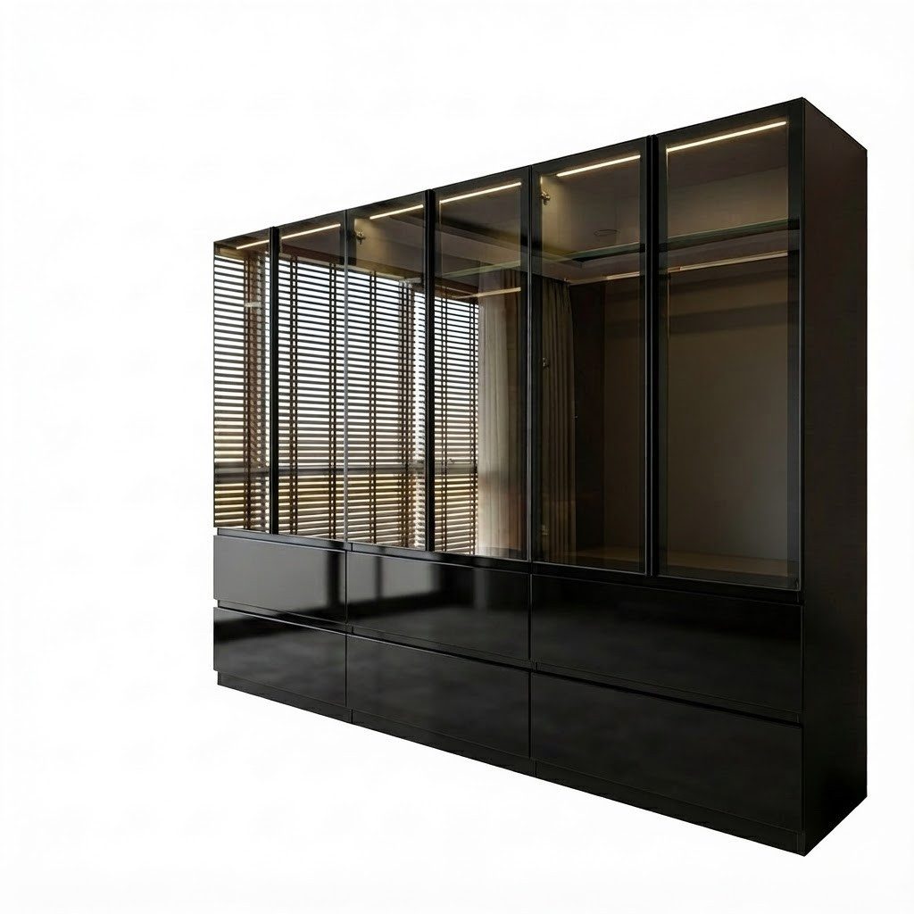 Palms-Store Kleiderschrank Sansibar mit Glastüren, 6 Schubkasten inkl. Beleuchtung Breite: 300cm, Höhe: 218cm, Tiefe: 62cm