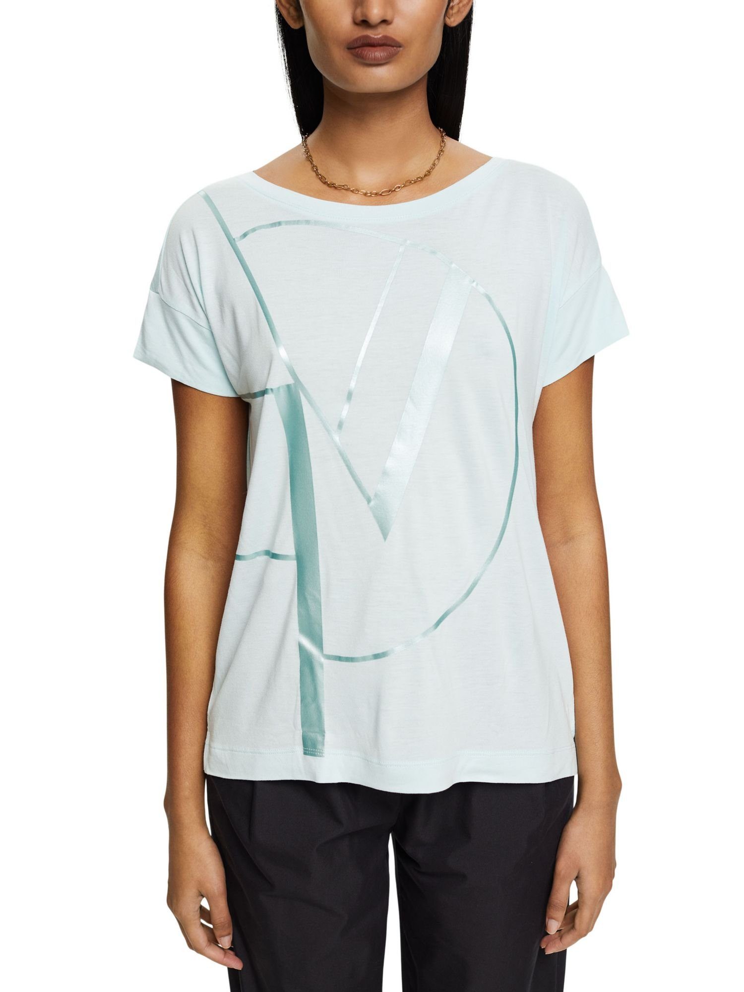 Esprit Collection T-Shirt T-Shirt Metallic AQUA mit Print, LIGHT (1-tlg) ECOVERO™ GREEN LENZING™
