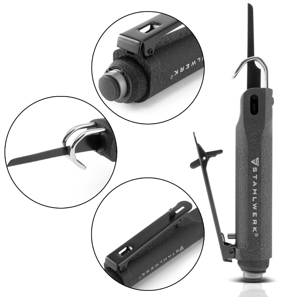STAHLWERK Druckluftwerkzeug Mini Druckluft Stichsäge DBS-900 ST, (Paket, 5-tlg., Einzelgerät), zum Schneiden von Holz, Metall sowie Karosserieblechen