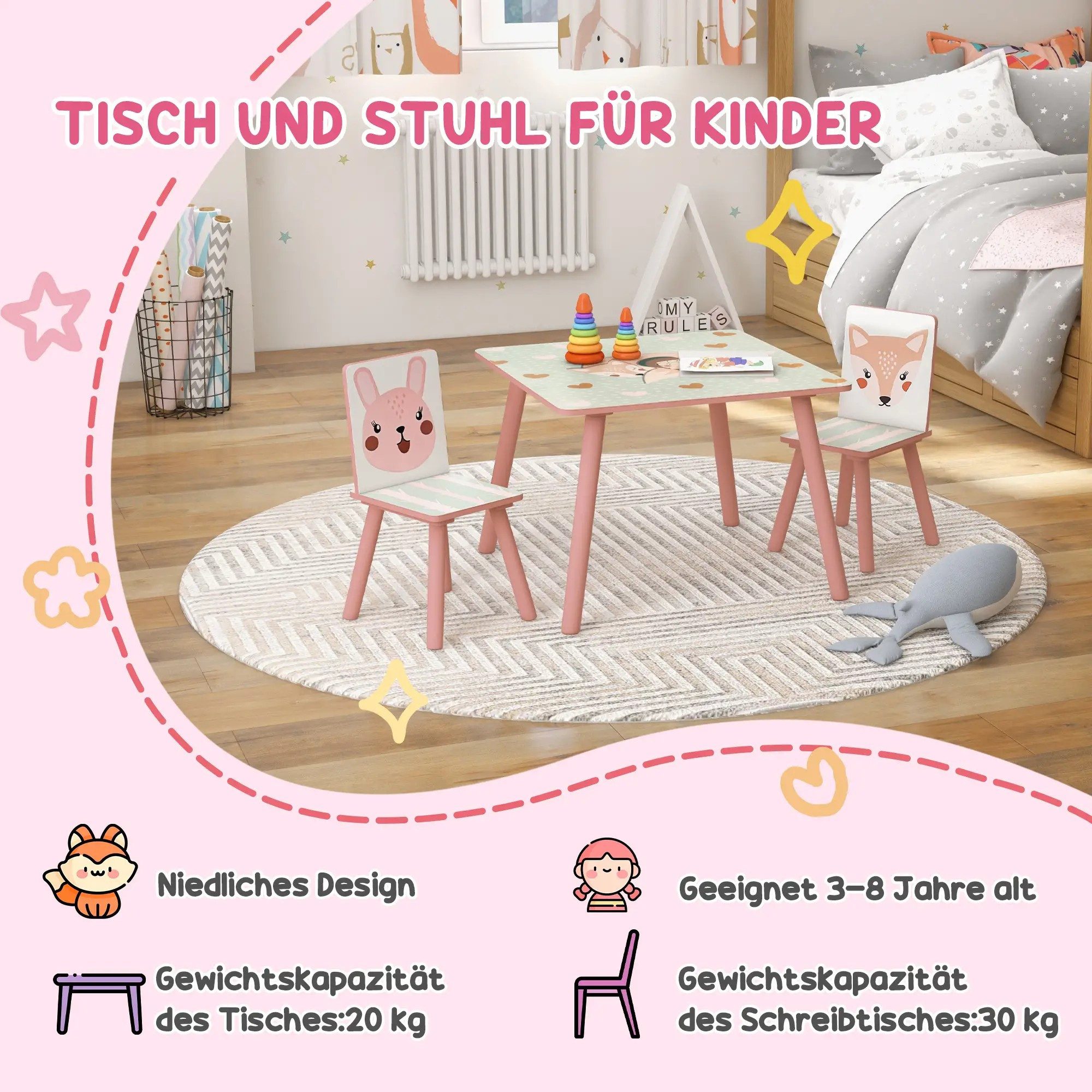 BlingBin Children's Seating Set, Children's Table with 2 Chairs, Children's Furniture Seating Set with Animal Motif (1-piece set, 3-piece, table with 2 chairs), Children's Table and Chair Set for Children's Rooms, for Children 3-8 Years Old