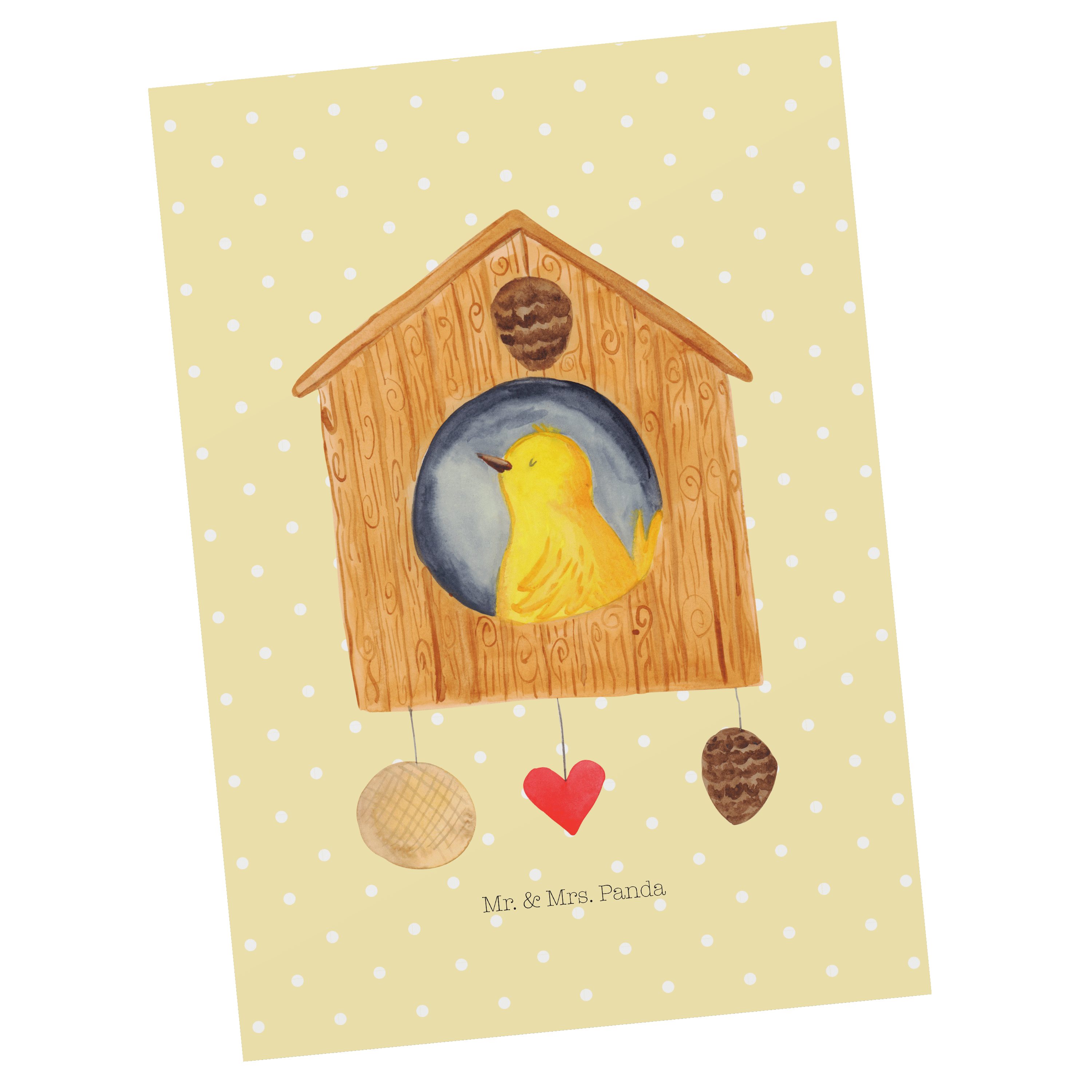 Mr. & Mrs. Panda Postkarte Vogelhaus - Gelb Pastell - Geschenk, Ansichtskarte, Gute Laune, Tiere