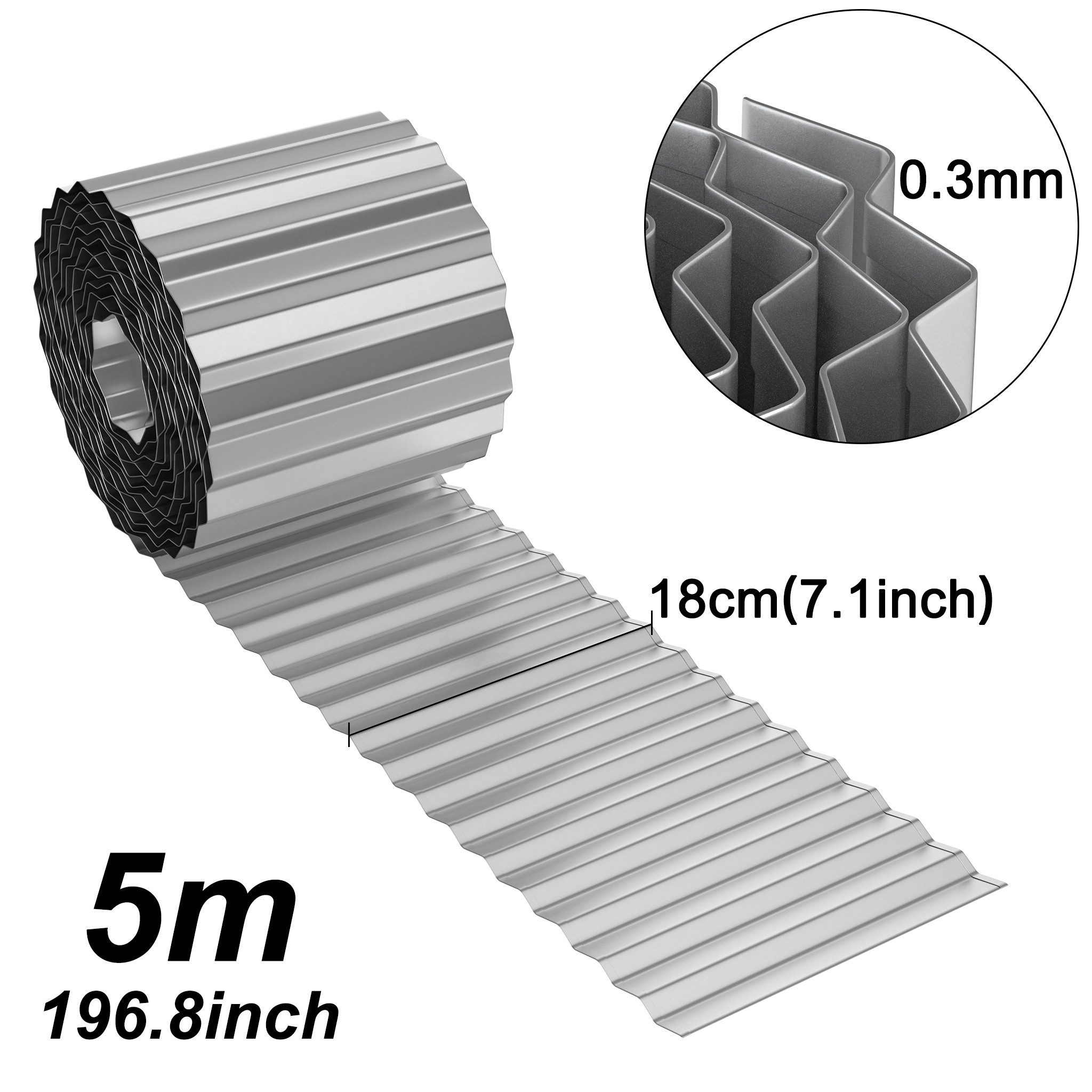 FIVMEN Rasenkante 5m/10m Beetbegrenzung aus Metall Beetumrandung Verzinkt, 15cm/18cm Hoch, Silber/Schwarz/Rost, Rasenbleche Mähkante Flexible Rasen Umrandung