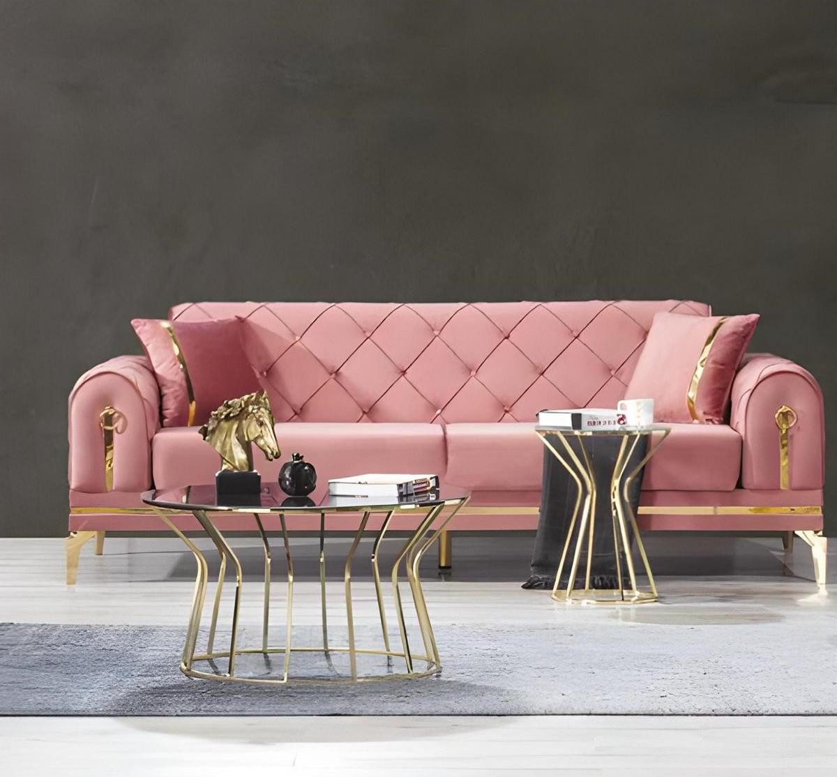 Xlmoebel Chesterfield-Sofa Luxussofa im Chesterfield-Stil aus Textil in Rosa mit Edelstahlgestell, Hergestellt in Europa