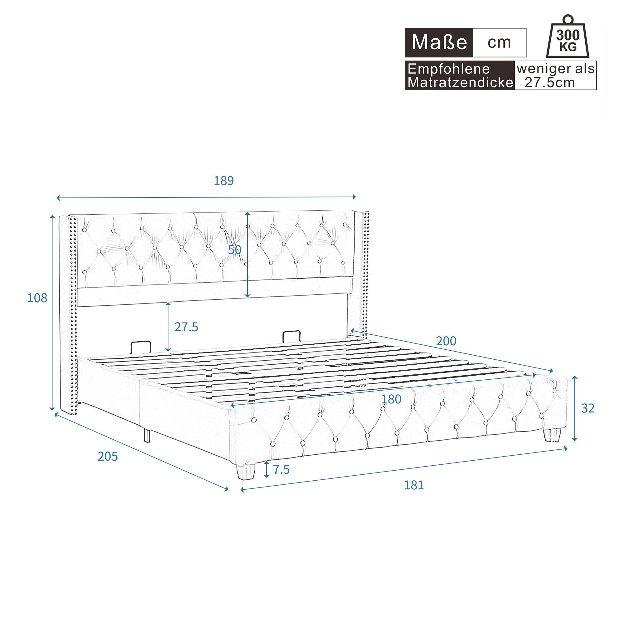 Flieks Polsterbett, Massivholz Doppelbett 180x200cm mit Lattenrost und Polster-Kopfteil