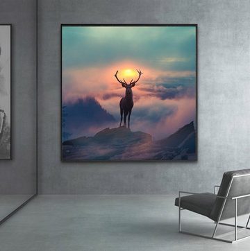 TPFLiving Kunstdruck (OHNE RAHMEN) Poster - Leinwand - Wandbild, Nordi Art - Hirsch in den Berge bei Sonnenuntergang (Verschiedene Größen), Farben: Leinwand bunt - Größe: 30x30cm
