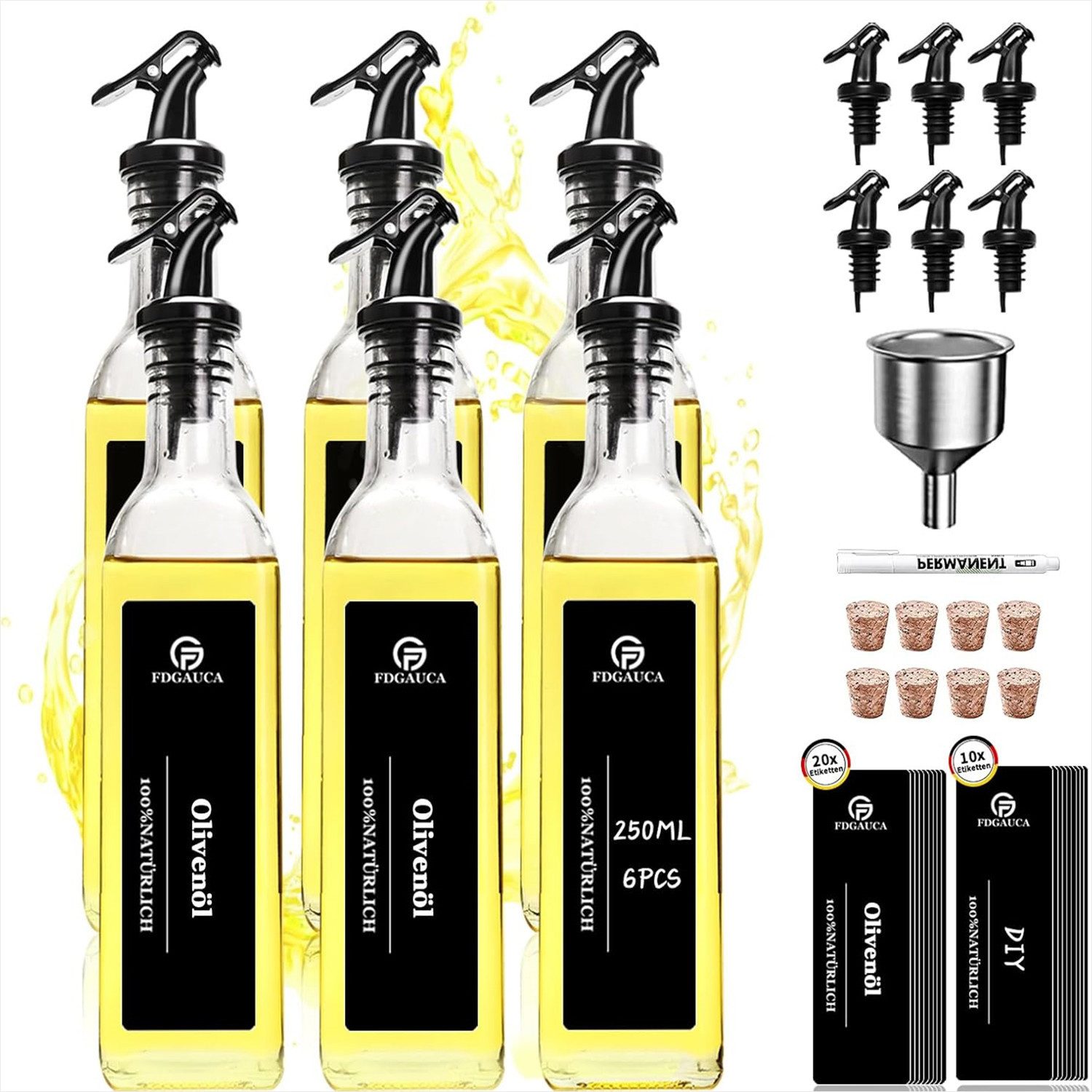Ölspender 6 Stück Essig Öl Flaschen, 250ml Glas Öl und Essig Spender Set