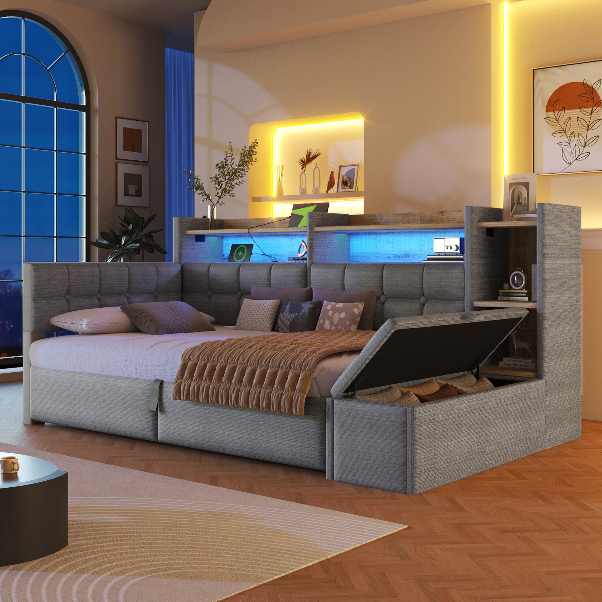 Merax Daybett mit LED Lichtleiste, USB, Typ-C & Bettkasten, Samt (Schlafsofa Sofabett Jugendbett Kinderbett Einzelbett, 1 tlg), Tagesbett 90x200cm mit hydraulischem Stauraum,Ablagefach,Stauraumbank