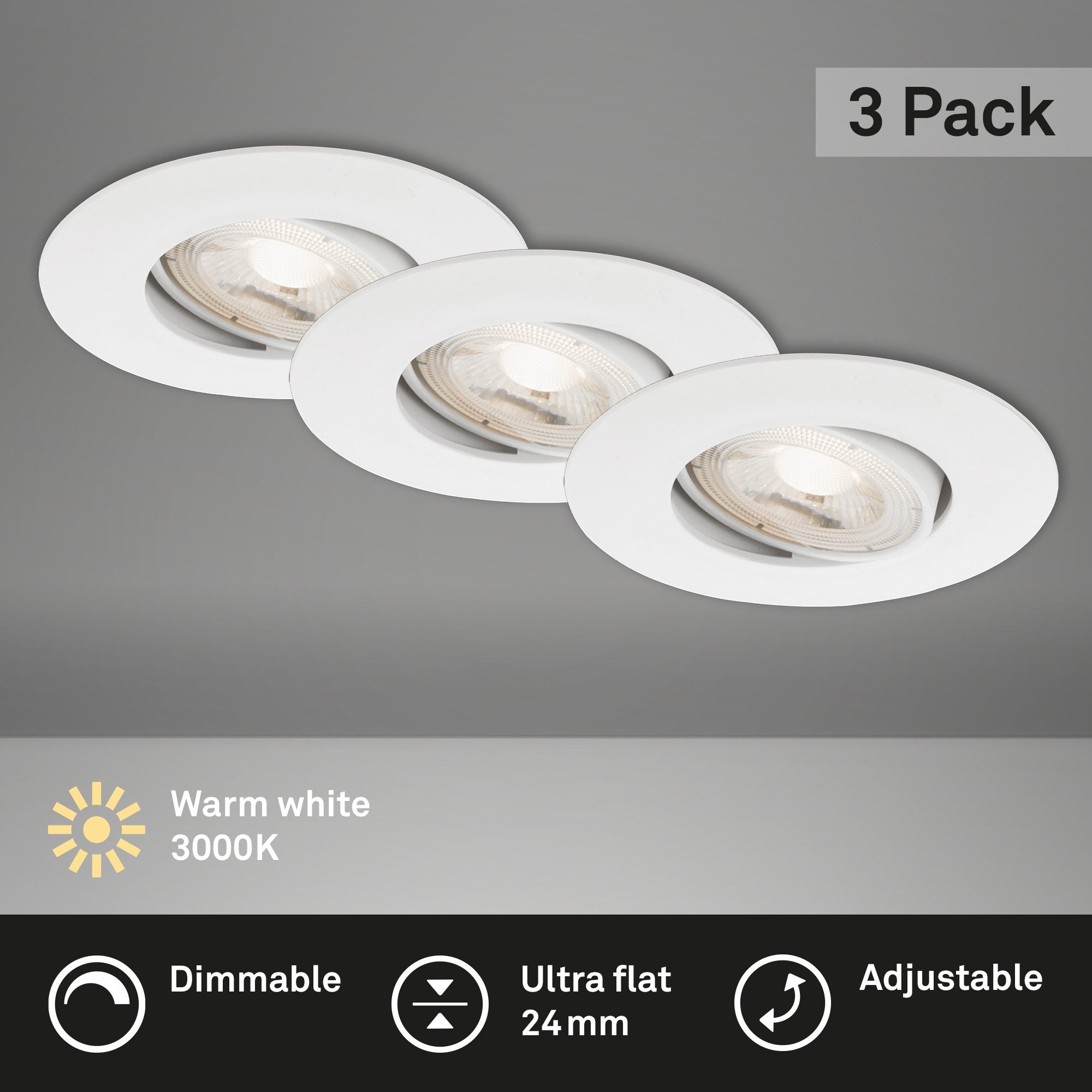 Briloner Leuchten LED Einbaustrahler Einbauleuchte Extra-Warmweiß Dimmfunktion ultraflach, LED fest integriert, 2700K - Extra - Warmweiß, 3er Set, dimmbar, ultraflach, IP44, chrom-matt, 9 cm
