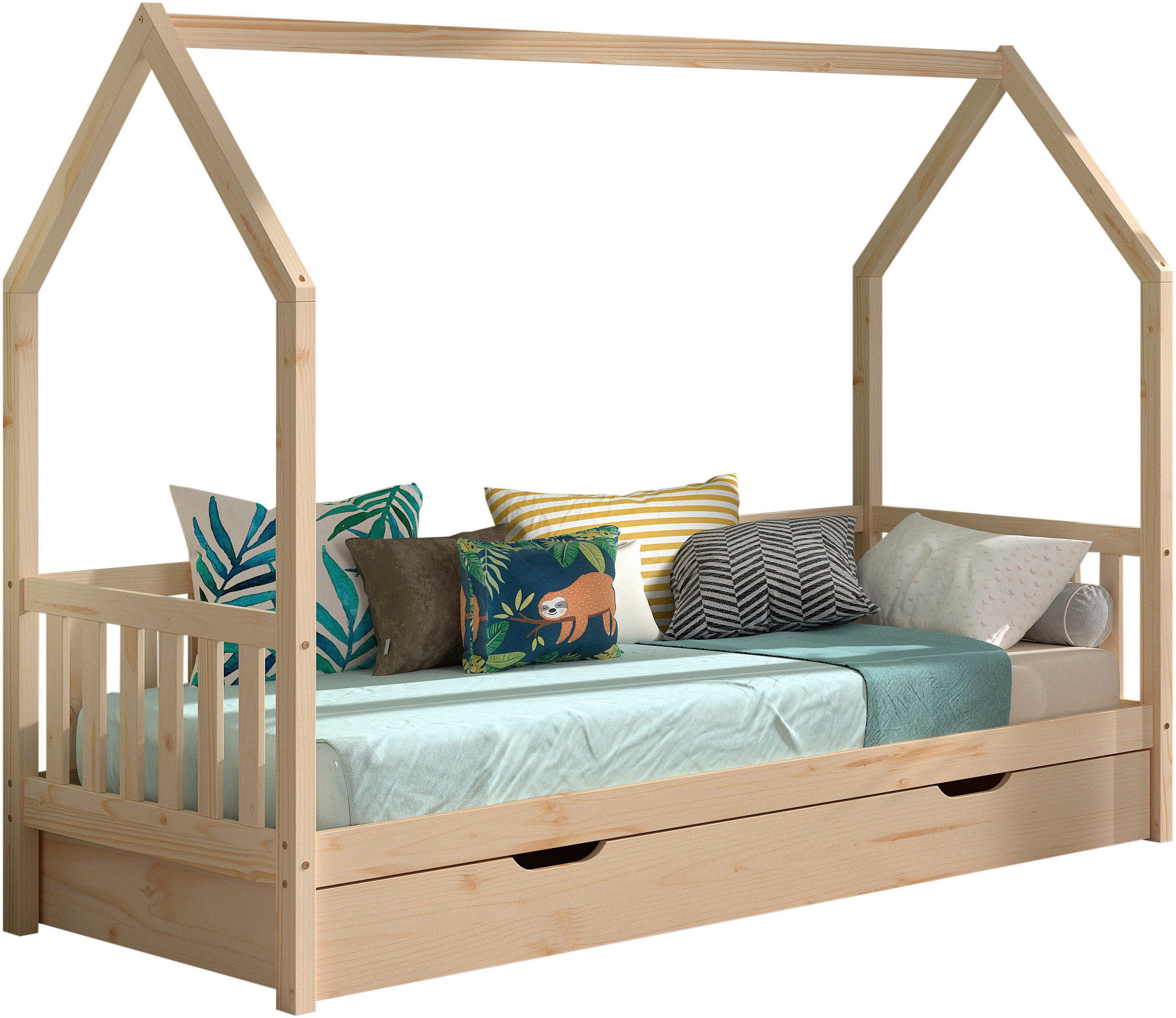 Vipack Hausbett Cabane, mit Dachaufbau, Bettschublade auf Rollen u. Sprossenumrandung (B/H/T ca. 208x169x98 cm) aus massiver Eiche, Oberfläche Natur), sehr stabil und standfest gebaut inkl. Massivholz Rolllattenrost
