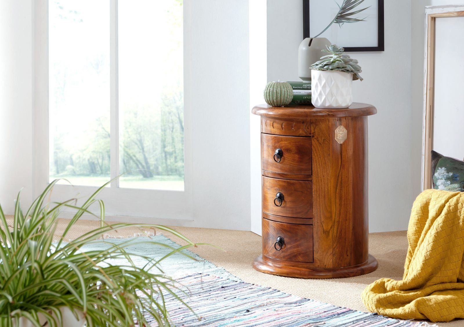 Massivmoebel24 Nachttisch Nachttisch rund Akazie 42x42x55 honig lackiert OX günstig online kaufen