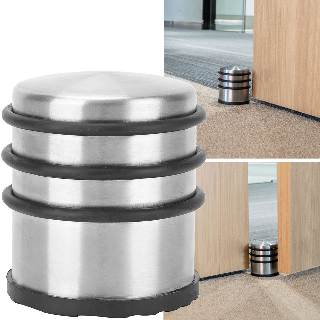 Casativo Bodentürstopper Türstopper Edelstahl 1300g rutschfest mit umlaufende Gummiringen (1 St., 1er-Set & 3er-Set), Ø 7 x H 7,3 cm/1,3 kg/schutzt für Wand & Möbel/ohne Bohren