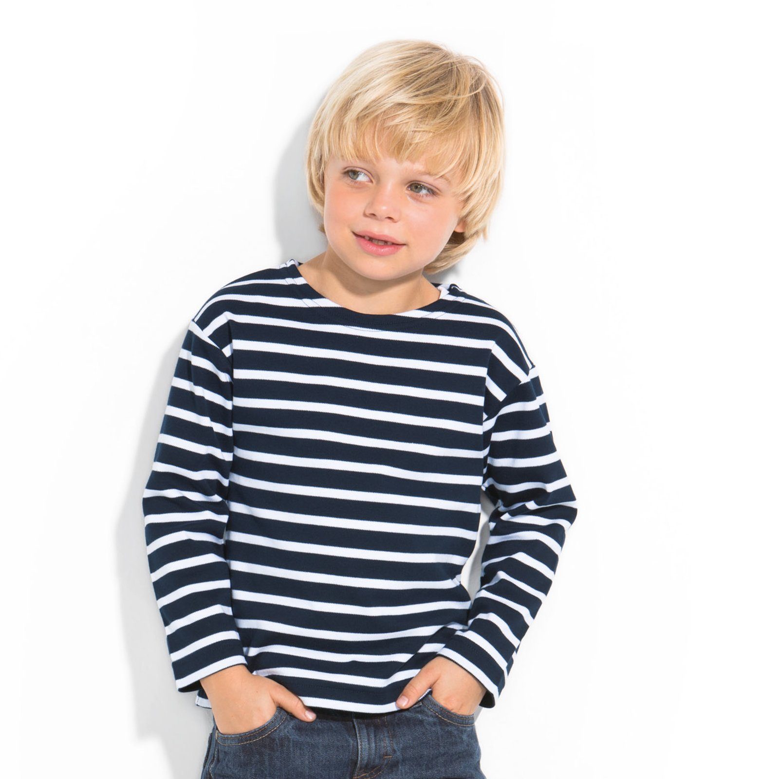 blau für weiß Kinder Jungen modAS mit Mädchen Shirt (05) / Streifen Longsleeve Bretonisches Langarmshirt