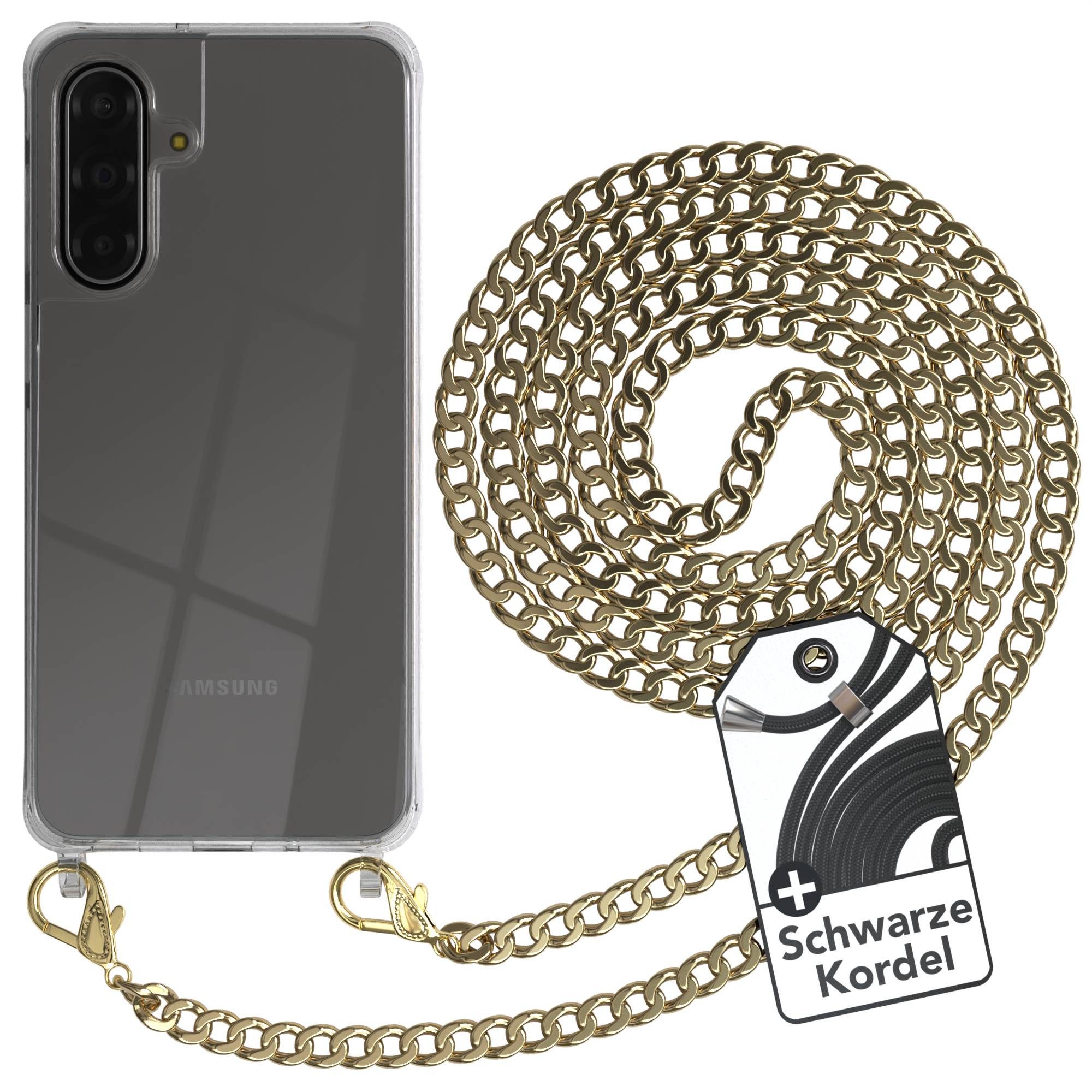 EAZY CASE Handykette 2in1 Metallkette für Samsung Galaxy A17 6,7 Zoll, Hülle mit Band Silikonhülle durchsichtig Necklace Cover Slimcover Gold