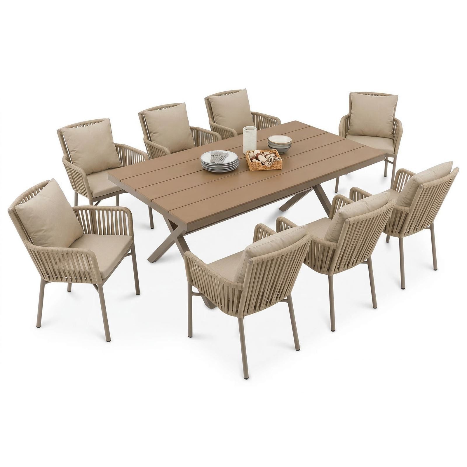 IDIMEX Garten-Essgruppe AFUERA, Gartenmöbelset für 8 Personen, stapelbare Stühle mit Kissen Champagner
