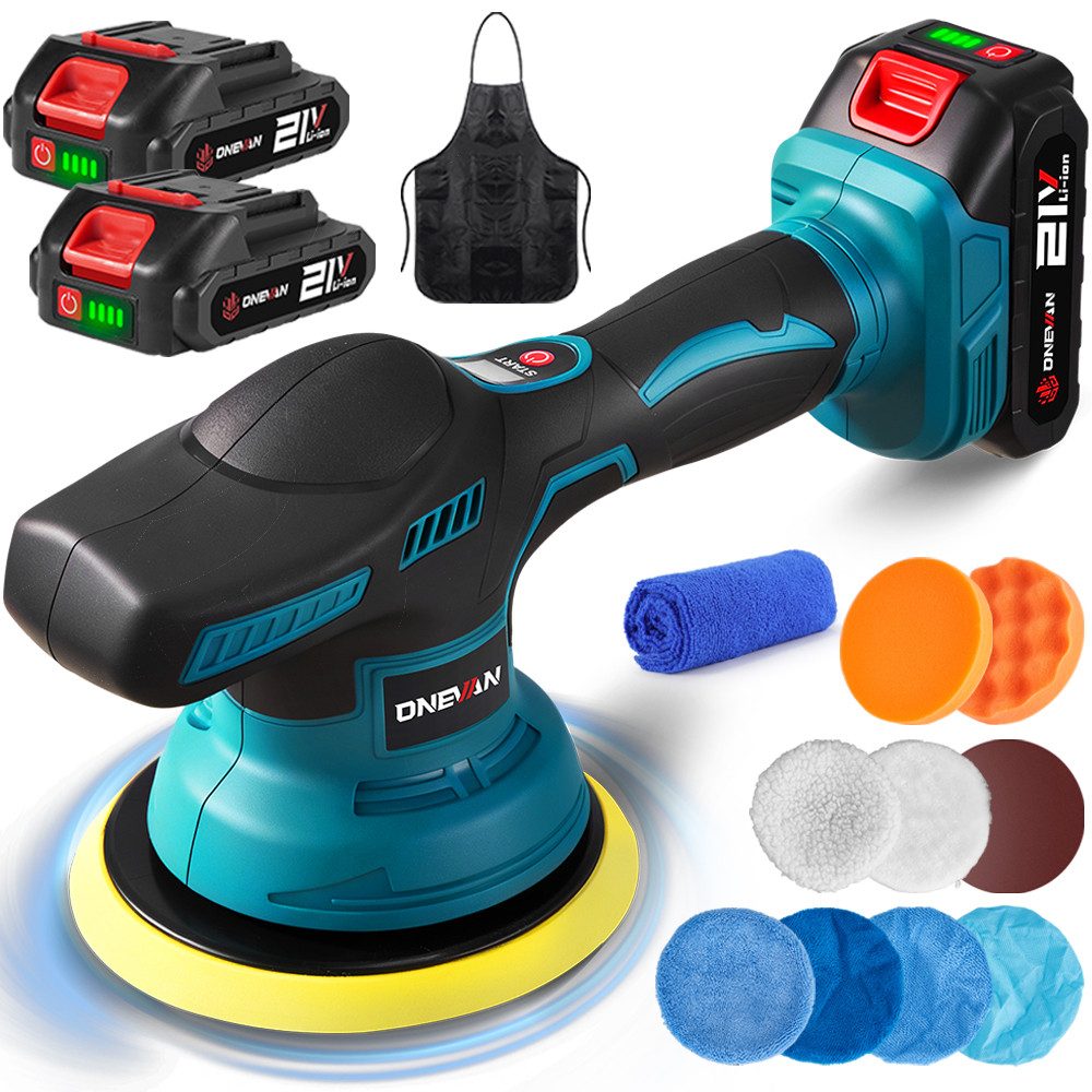 ONEVAN Akku-Poliermaschine Auto-poliermaschine 150 mm mit 2 Akkus, 2500 min. U/min, 7800 max. U/min, Ø 150 mm, 8 Geschwindigkeitsstufen für Wachsen, Polieren & Lackaufbereitung