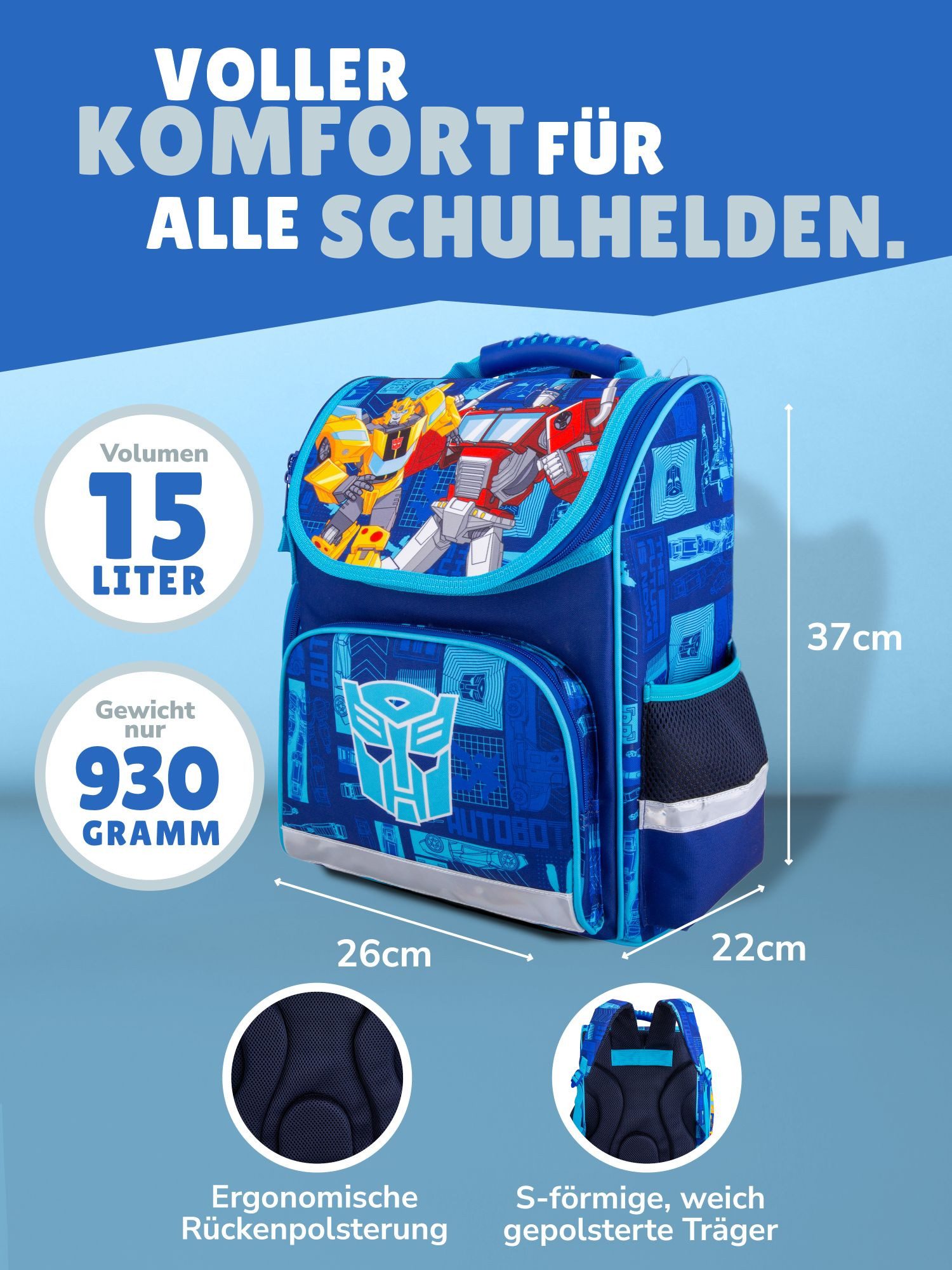 Familando Schulranzen Transformers 1.-4. Klasse ergonomisch, leicht, Volumen 15 Liter (Set, 10-tlg., inkl. Sporttasche und Schultüte / Zuckertüte 85cm), Transformers Bumblebee & Optimus Prime Motiv