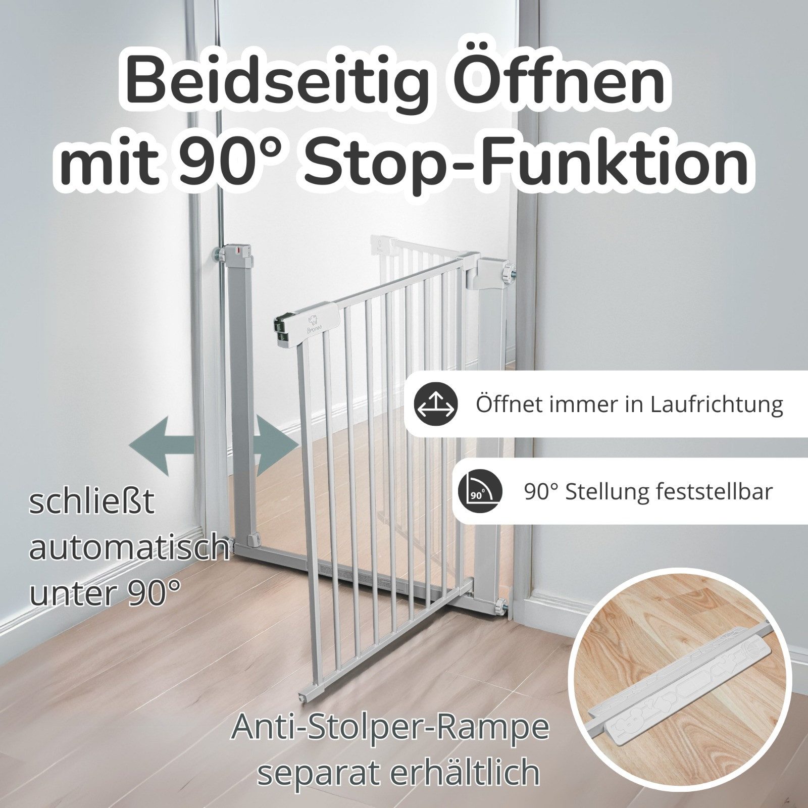 Bronea Treppenschutzgitter LUCA-M Treppengitter ohne Bohren Türschutzgitter ohne bohren (Türgitter ohne bohren Absperrgitter, 75-194 cm verlängerbar), 3-faches Schloss & Rot-Grün Sicherheitssystem, Auto-Close, 90° Stopp