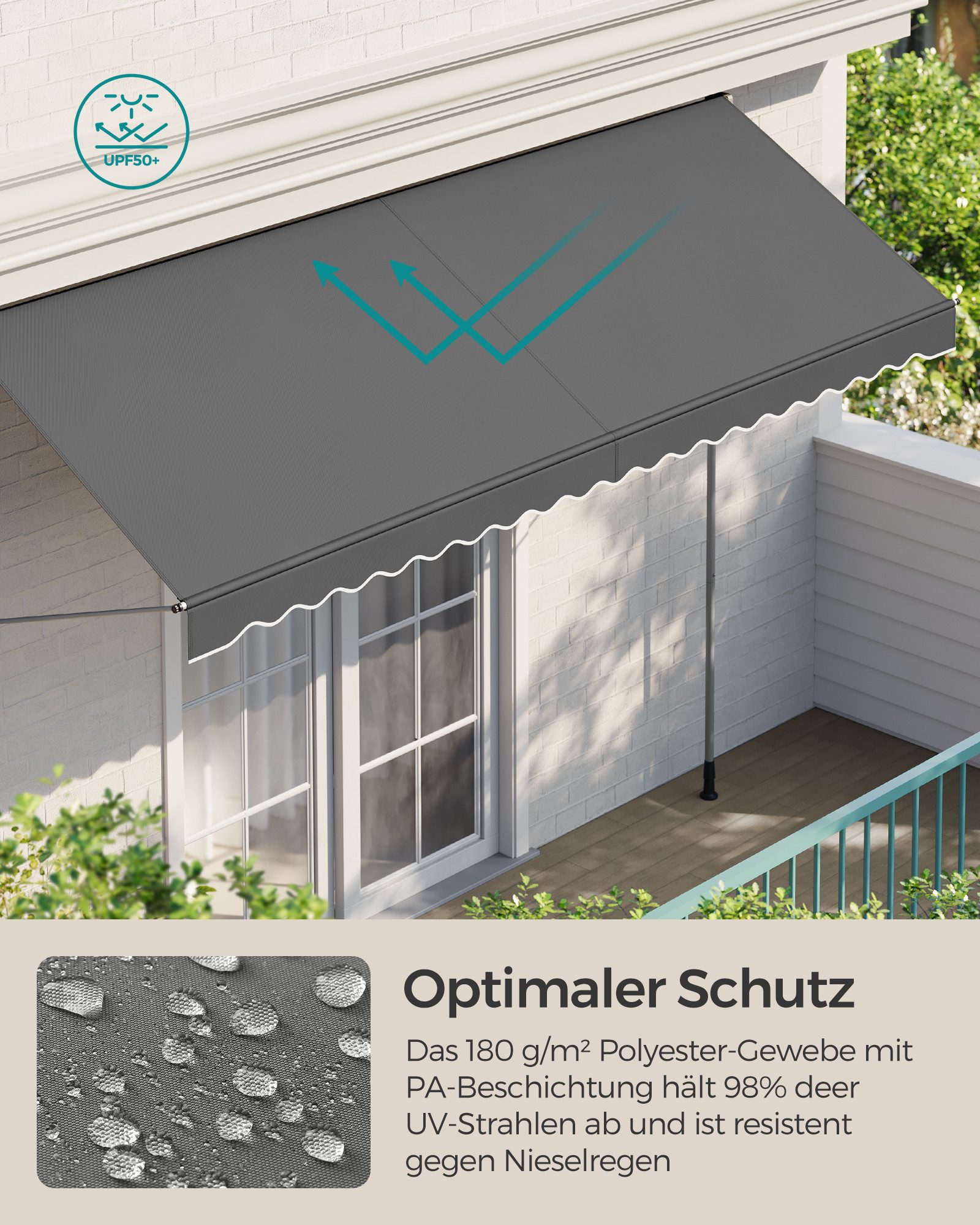 SONGMICS Klemmmarkise Balkonmarkise höhenverstellbar UV-Schutz wasserabweisend (ohne Bohren mit Handkurbel inkl. Zubehörpaket & Anleitung) Sonnenschutz, 400 x 120 x 220–300 cm (L x B x H)