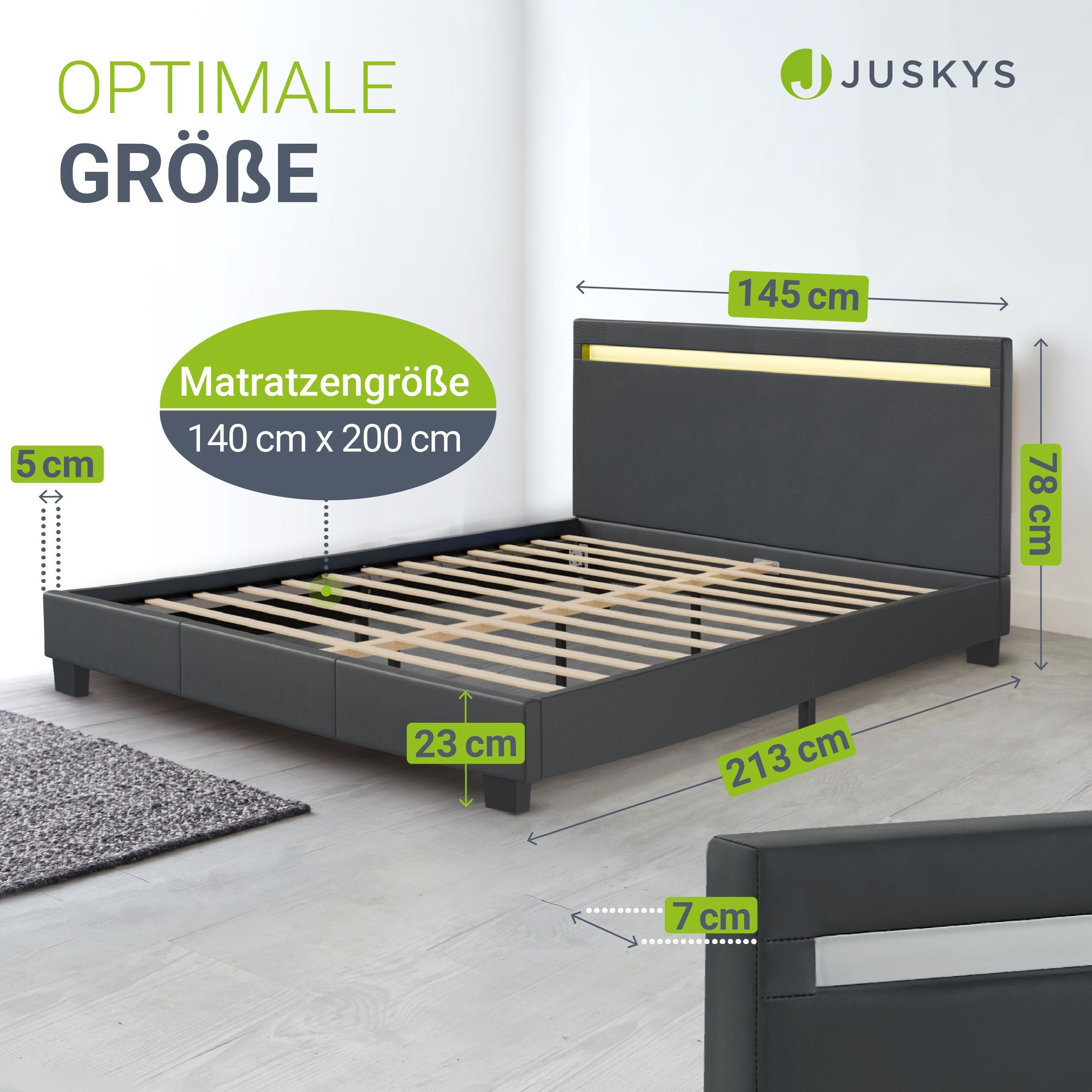 Juskys Polsterbett Paris, 140x200 cm, bunte LED-Beleuchtung, Kunstleder, weiches Kopfteil