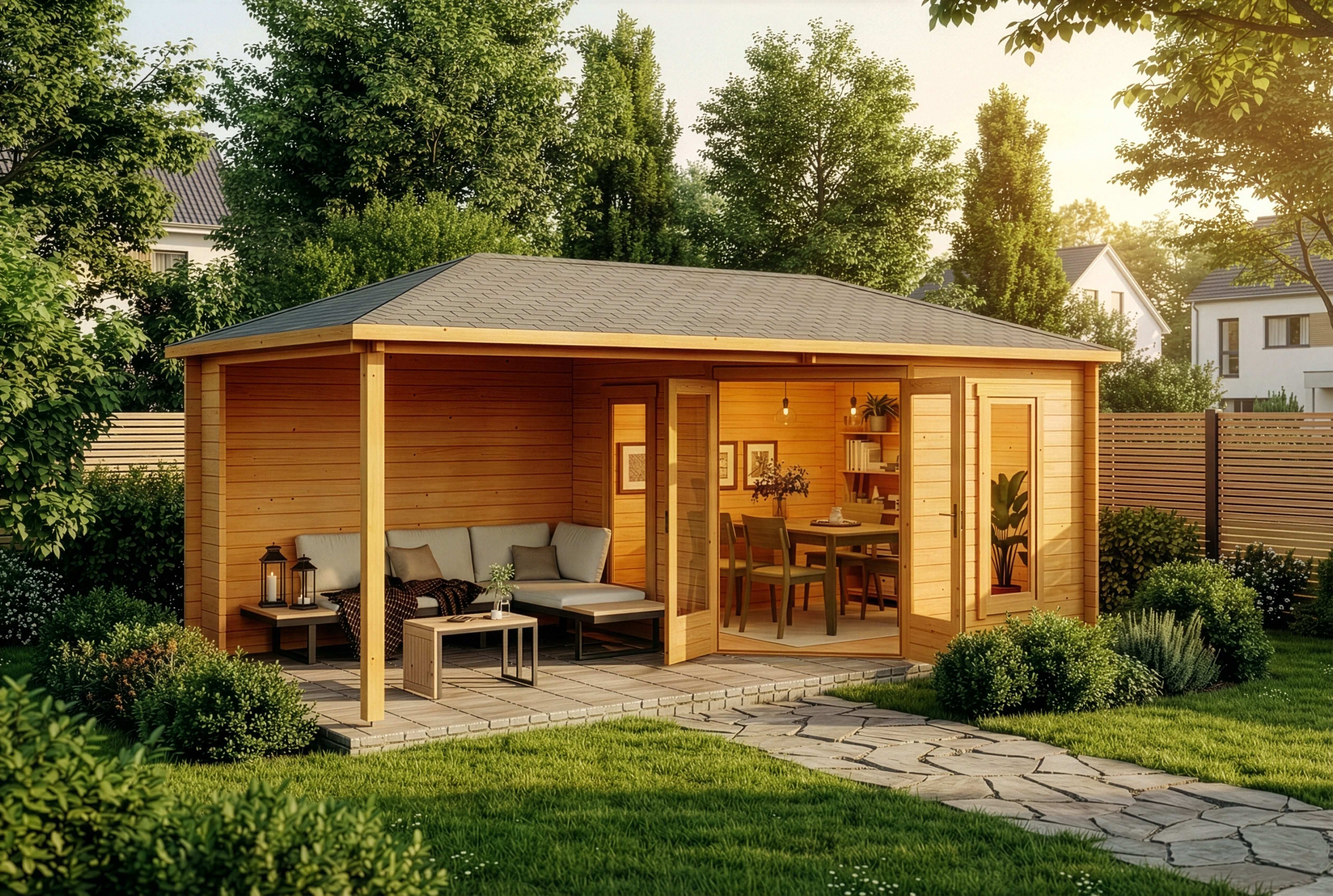 Alpholz Gartenhaus Holz 5-Eck Liwa, BxT: 614x317 cm, in Imprägniert (Pinie) mit 40mm Wandstärke