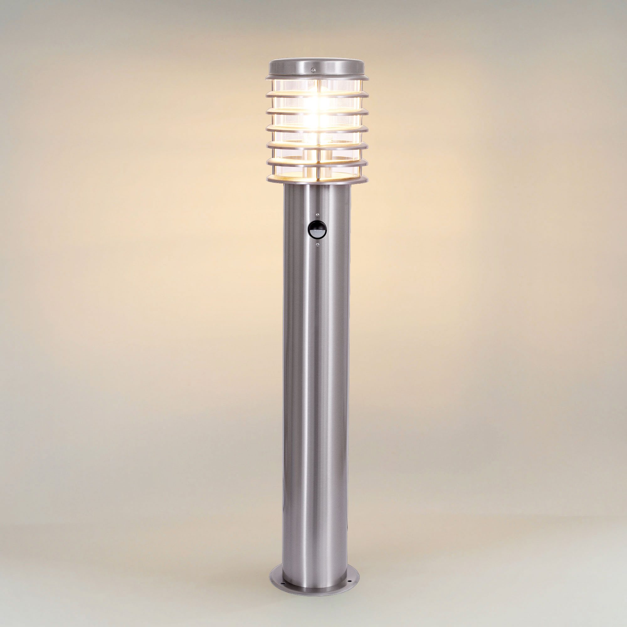 Maxkomfort Außen-Stehlampe 252D-800, mit Bewegungsmelder, ohne Leuchtmittel, Außenstandleuchte asu Edelstahl und Glas mit E27 Fassung