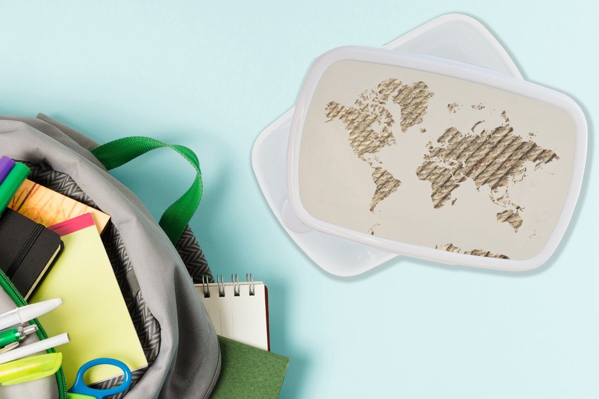 Braun, für - Kunststoff, Brotbox für Erwachsene, und Lunchbox Brotdose, MuchoWow - weiß und Jungs Seil (2-tlg), Mädchen Kinder Weltkarte