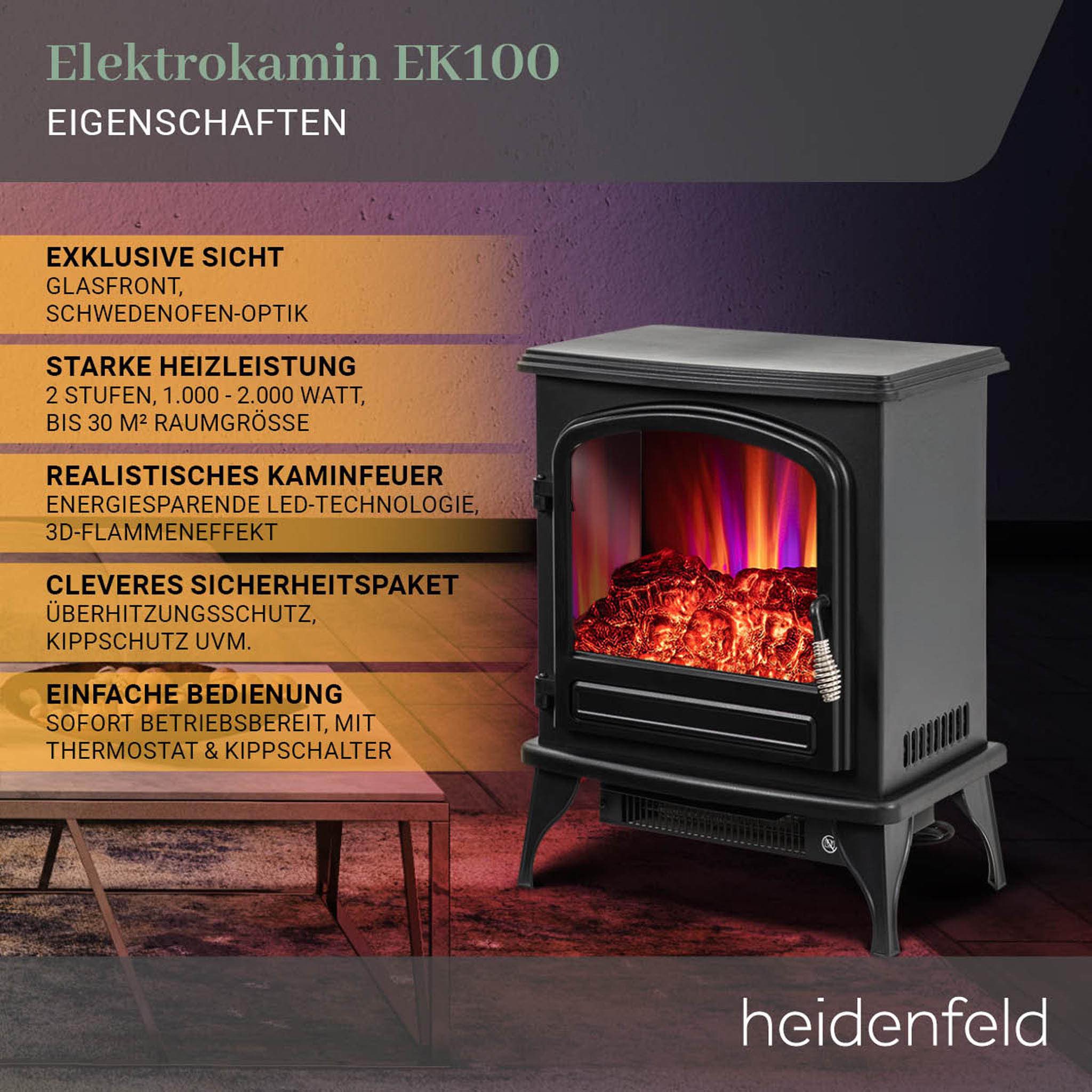 Heidenfeld Elektrokamin Kamin Heizung Standkamin EK100 2000 Watt inkl. 3 Ja günstig online kaufen