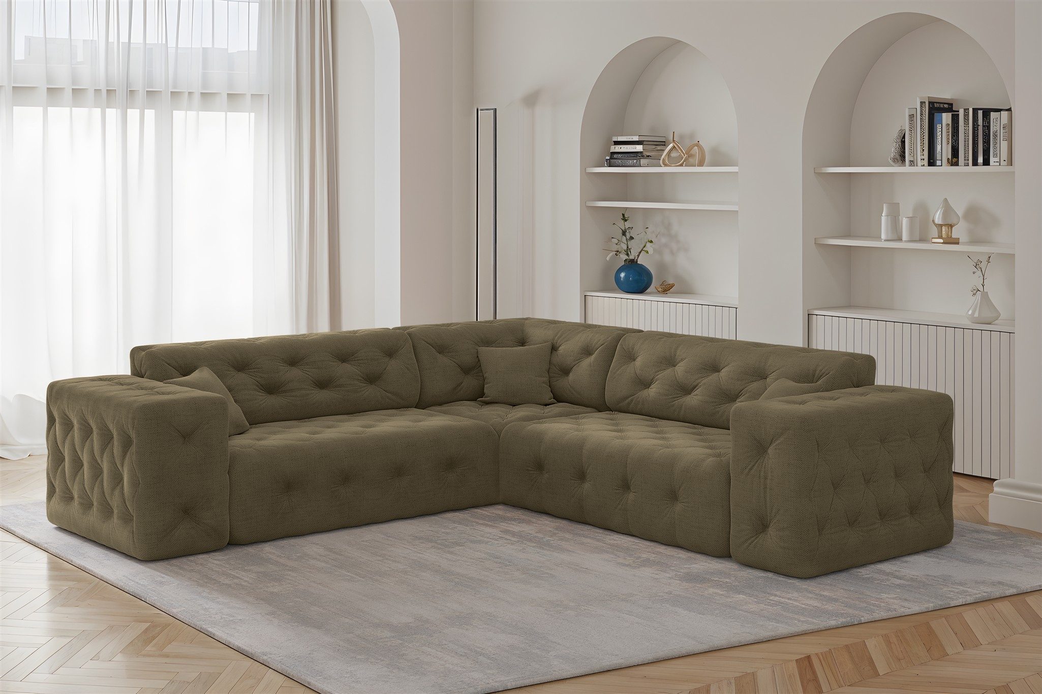 Fun Möbel Ecksofa Designersofa CHANTAL in Stoff Moly, inkl. 3 Zierkissen, universale Seitenlänge