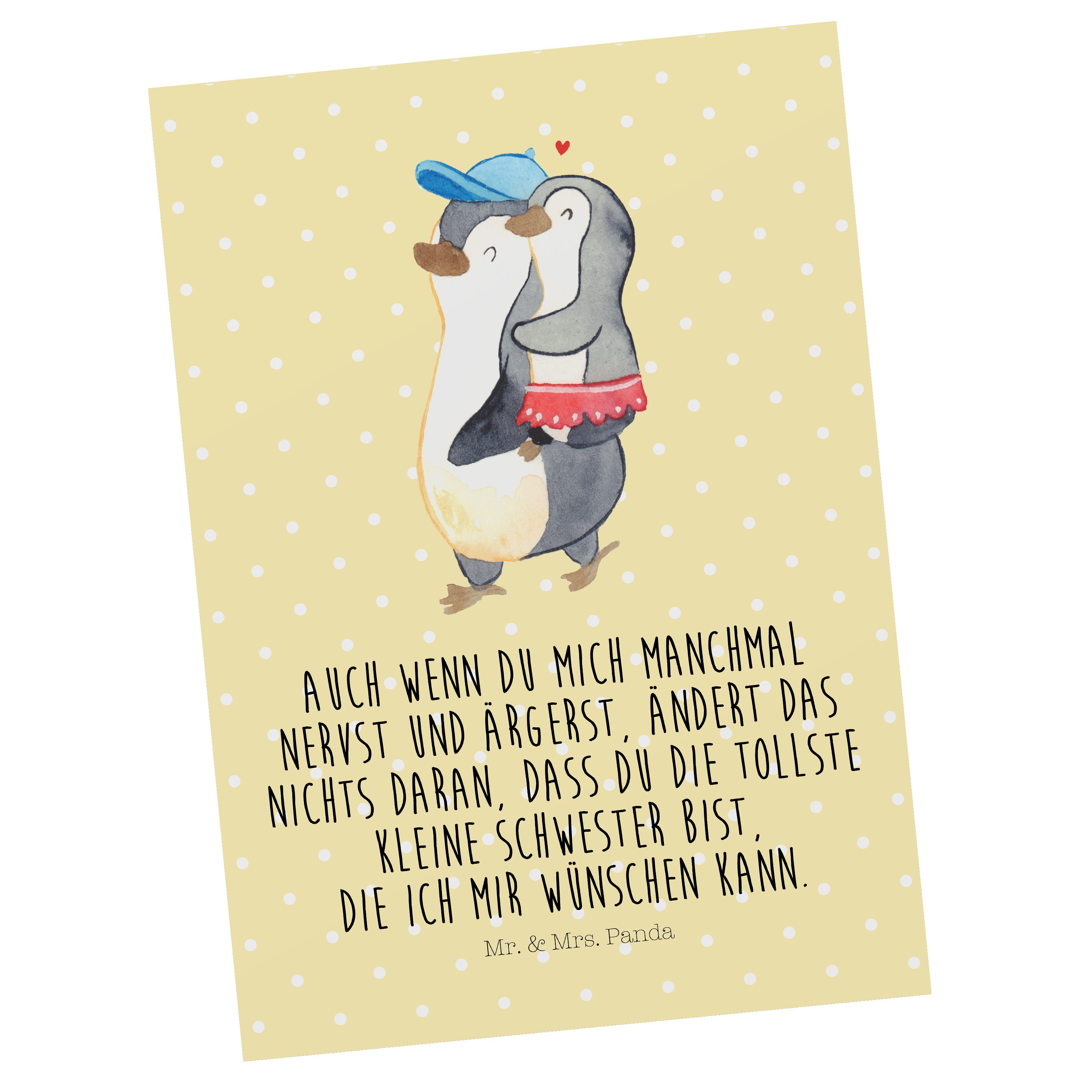 Mr. & Mrs. Panda Vatert - Einladung, Kleine Schwester Pinguin Postkarte Gelb Pastell - Geschenk
