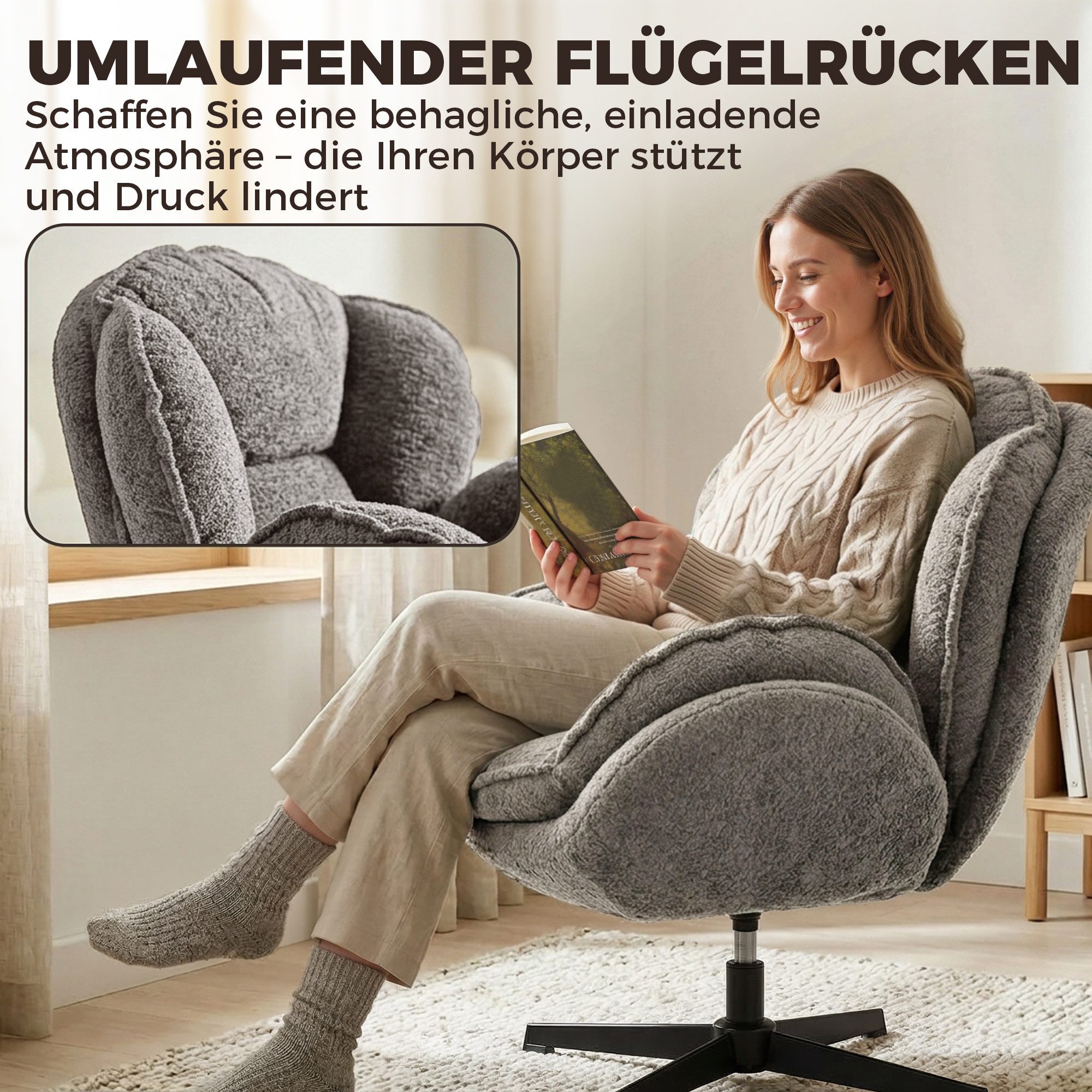 HOMCOM Relaxsessel Polstersessel bequem für Wohnzimmer, Schlafzimmer, Grau (Sessel, 1-St., Loungesessel), Wingback, 360° Drehung, Samt – Bild 4 von 5