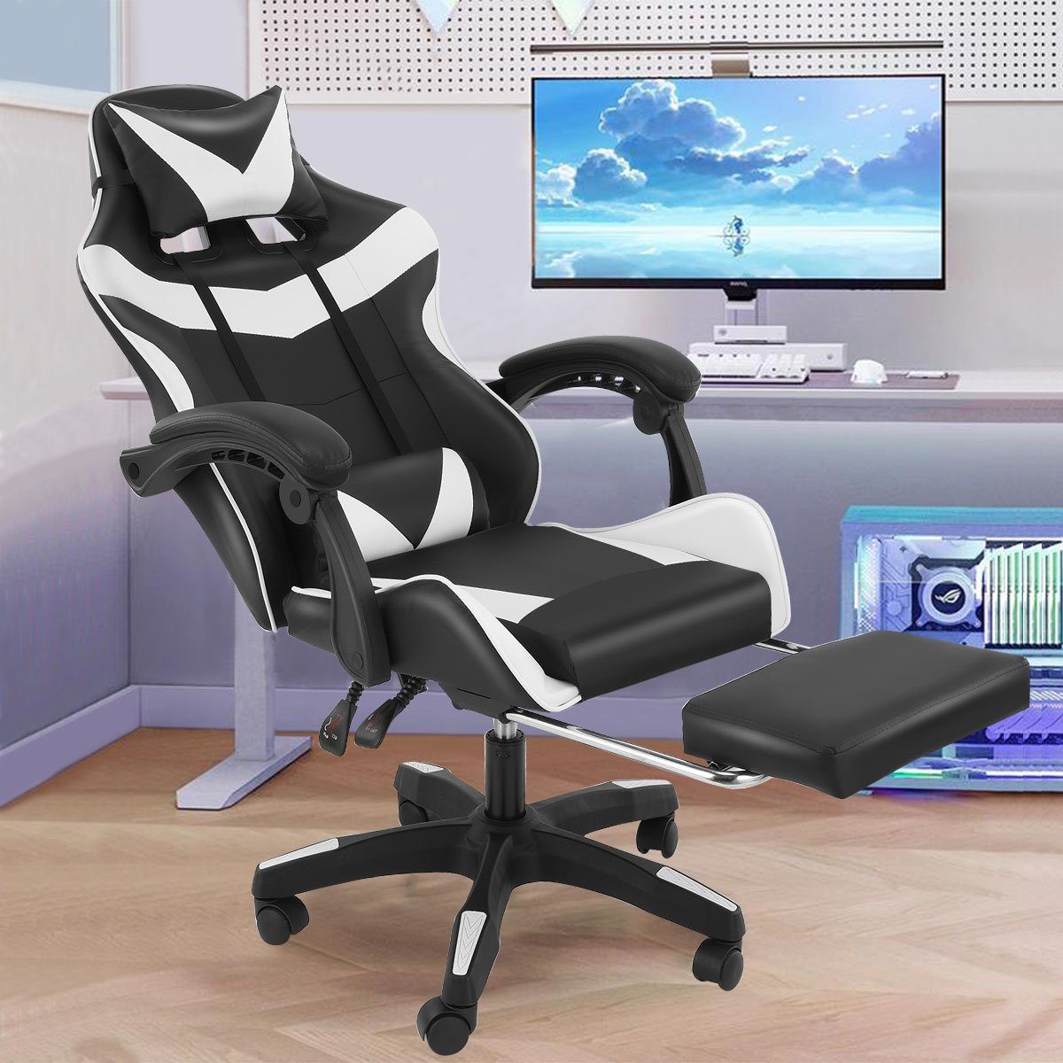 AUFUN Gaming Stuhl, Bürostuhl Ergonomisch mit Vibration Massage Lendenkissen,  Fußstütze, Kopfstütze, Ergonomisch, Massage Gaming Sessel, 150