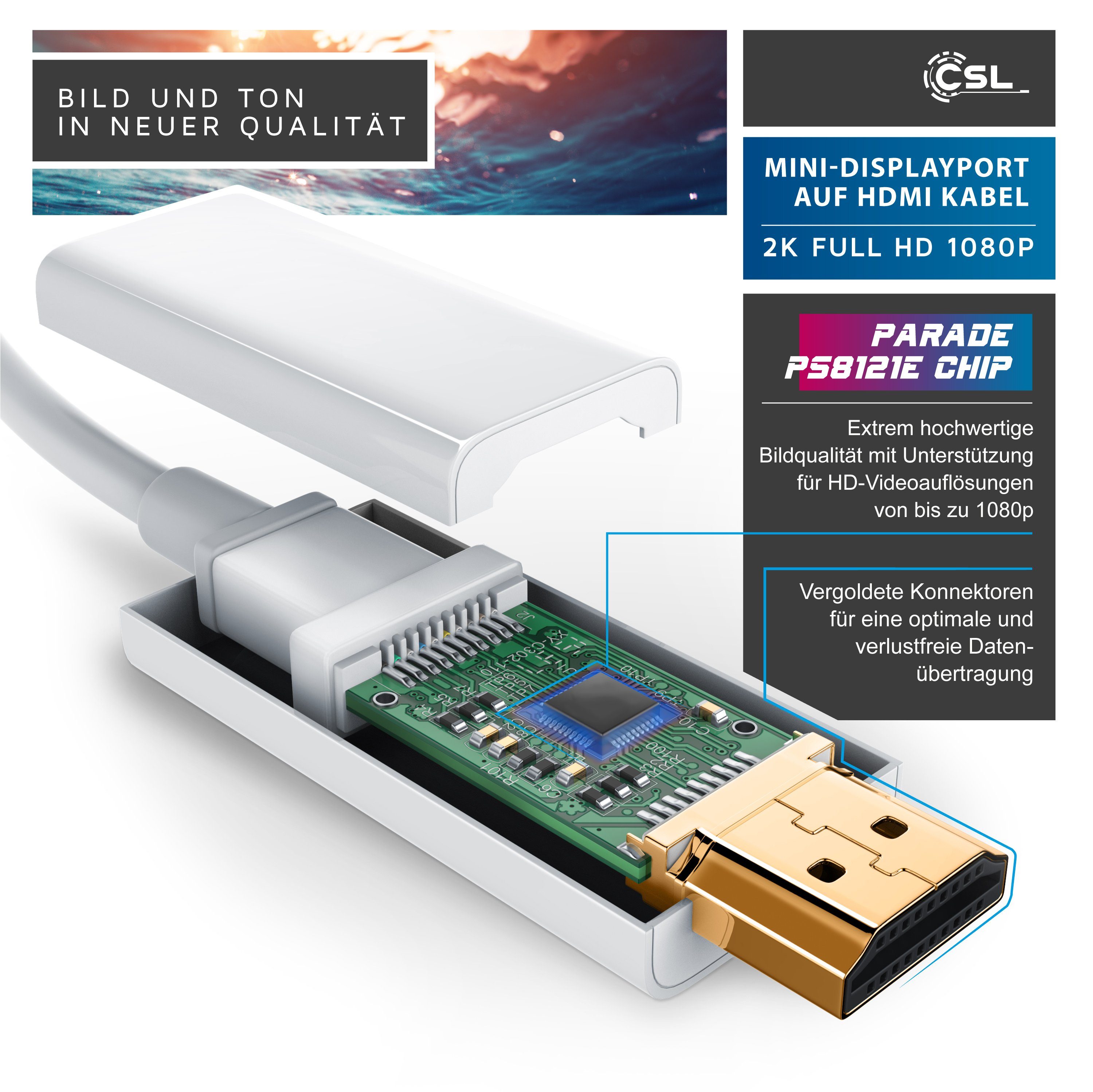 CSL Audio- & Video-Kabel, Mini DisplayPort, HDMI Typ A, (100 cm), Premium Full HD MiniDP Adapter Monitor Kabel - 1m
