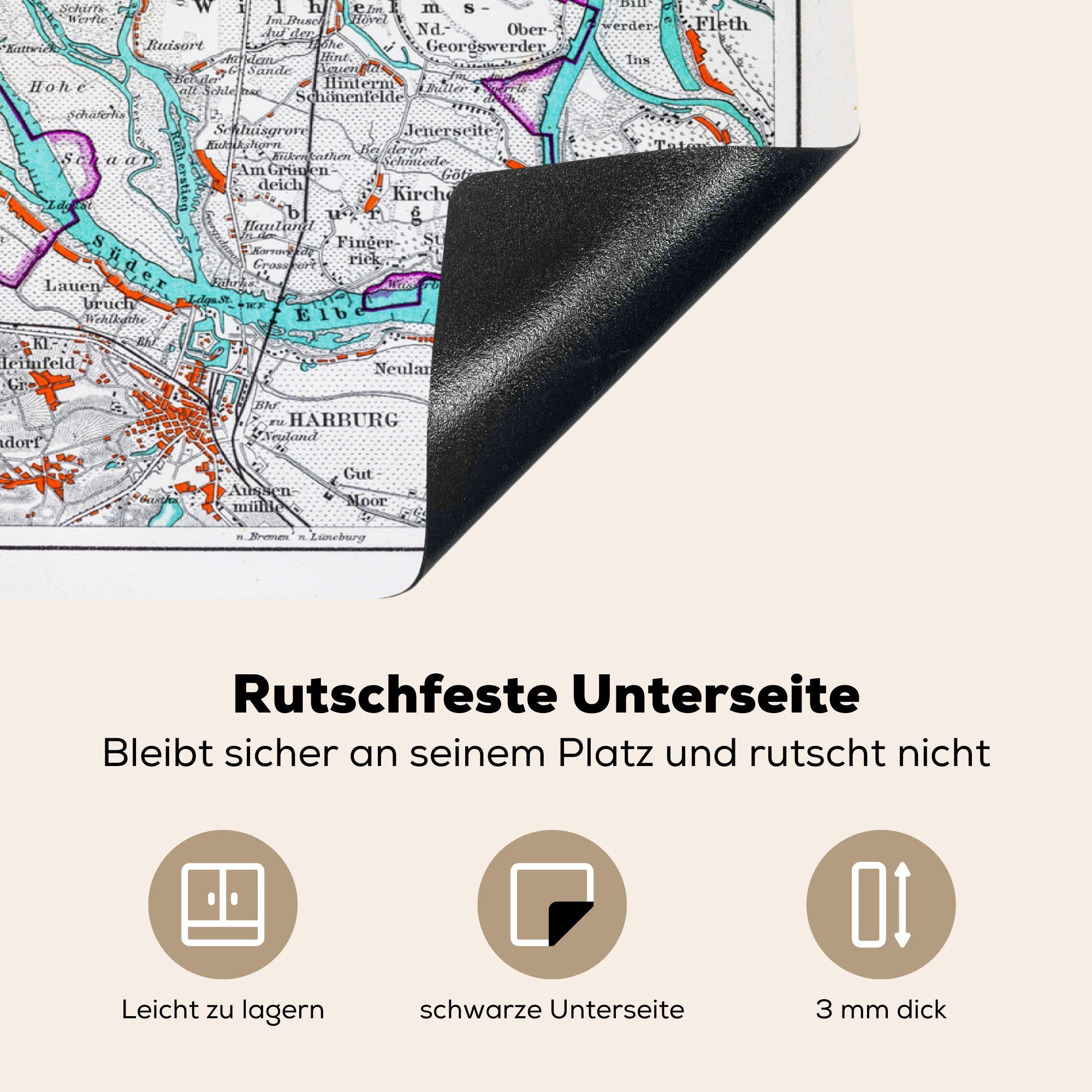 des Illustration (1 Eine Arbeitsfläche nutzbar, bunte Vinyl, Mobile Hamburger Herdblende-/Abdeckplatte cm, 70x52 MuchoWow Ceranfeldabdeckung tlg), Stadtplans,